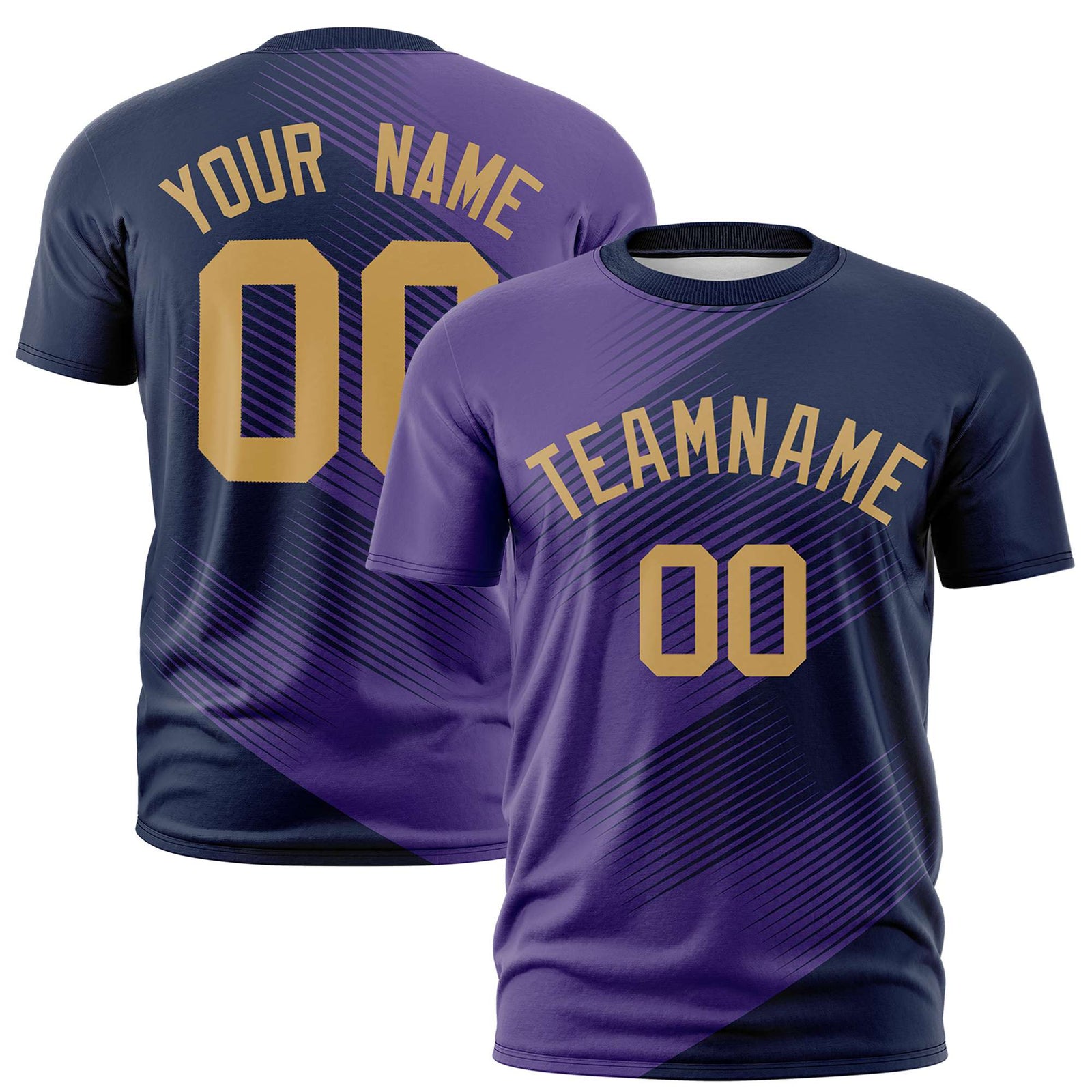 Custom Navy Purple 3D Pattern Design Gradient Slope Shapes Performance T-Shirt