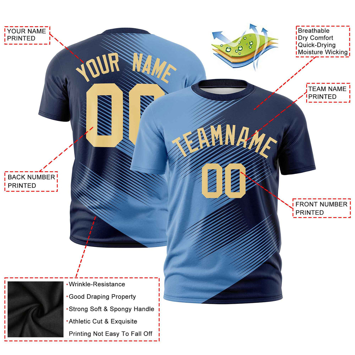 Custom Navy Powder Blue 3D Pattern Design Gradient Slope Shapes Performance T-Shirt