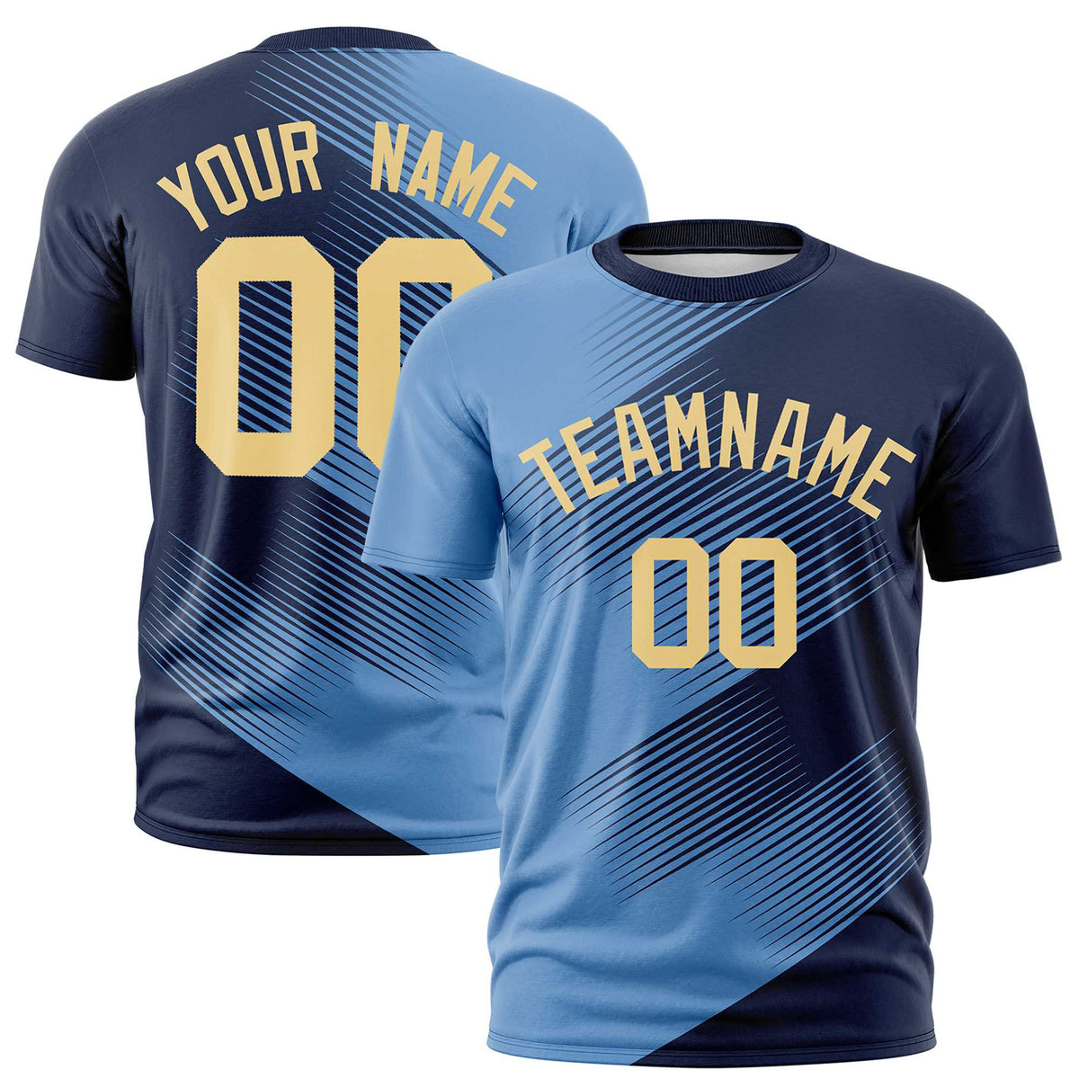 Custom Navy Powder Blue 3D Pattern Design Gradient Slope Shapes Performance T-Shirt