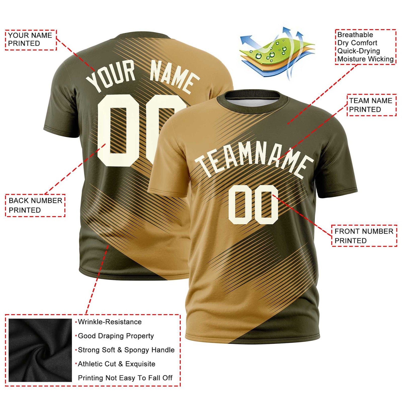 Custom Old Gold Olive 3D Pattern Design Gradient Slope Shapes Performance T-Shirt