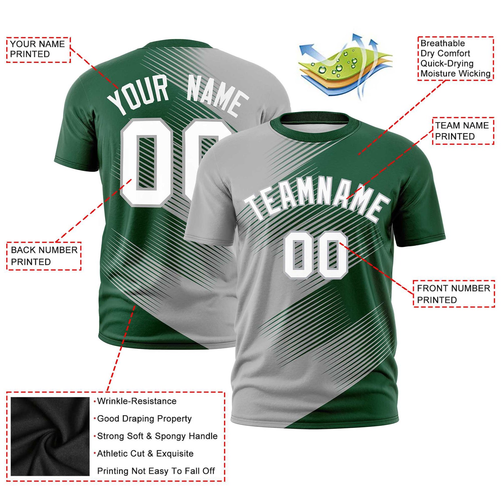 Custom Green Gray 3D Pattern Design Gradient Slope Shapes Performance T-Shirt