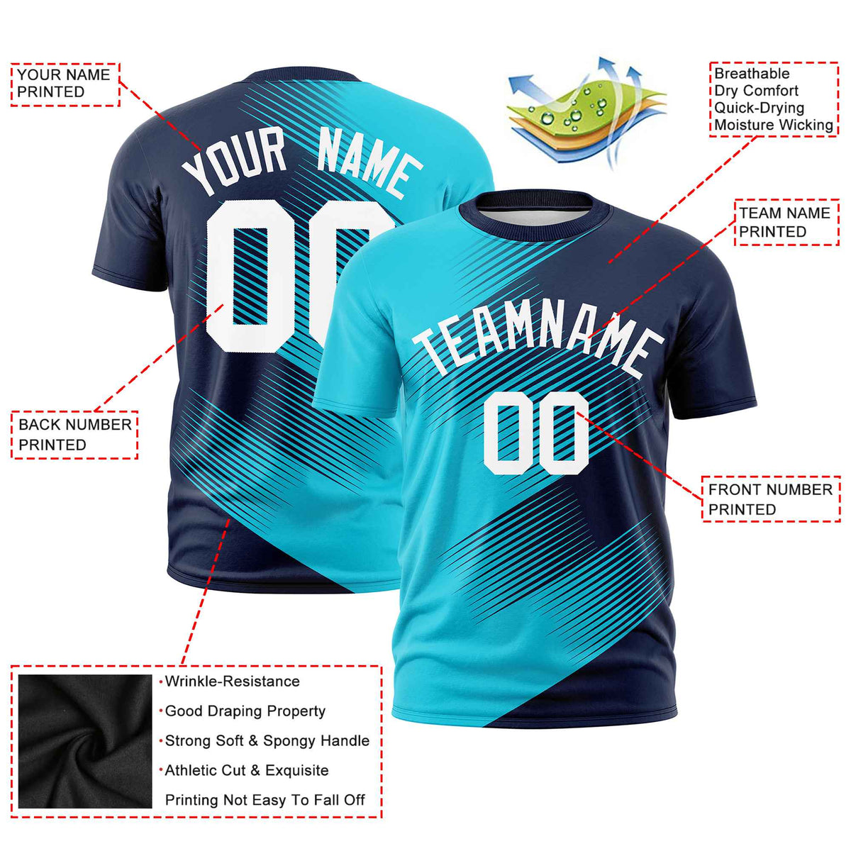 Custom Sky Blue Navy 3D Pattern Design Gradient Slope Shapes Performance T-Shirt