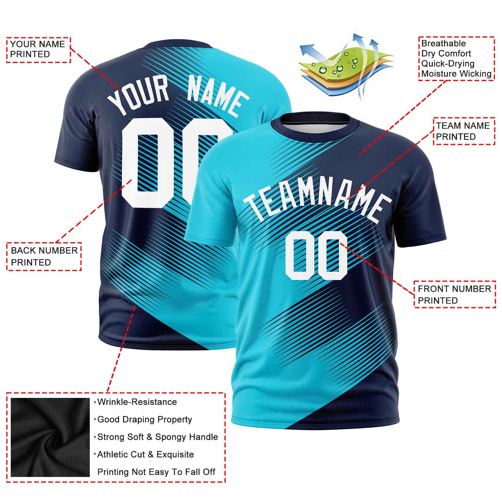 Custom Sky Blue Navy 3D Pattern Design Gradient Slope Shapes Performance T-Shirt