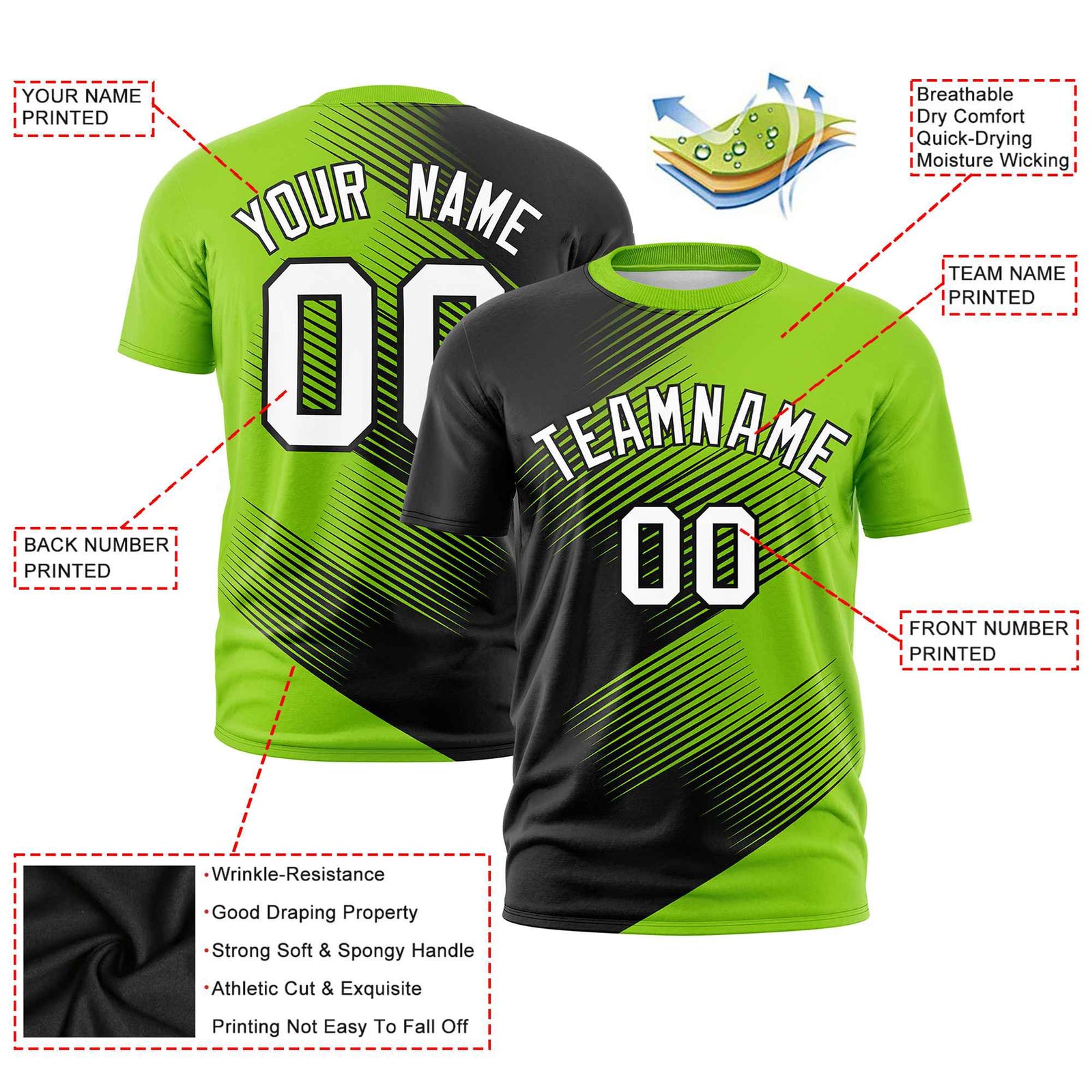 Custom Black Neon Green 3D Pattern Design Gradient Slope Shapes Performance T-Shirt