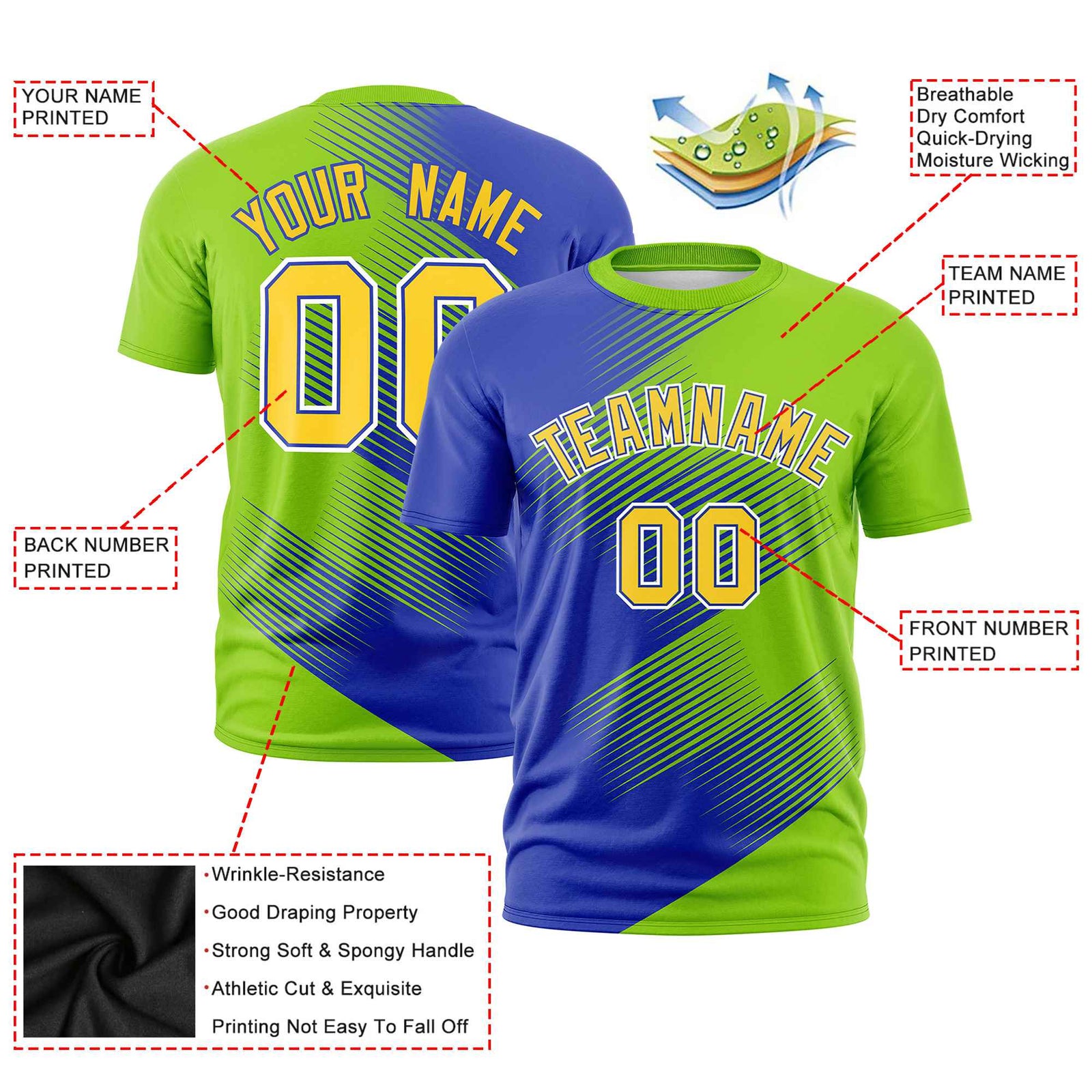Custom Royal Blue Neon Green 3D Pattern Design Gradient Slope Shapes Performance T-Shirt