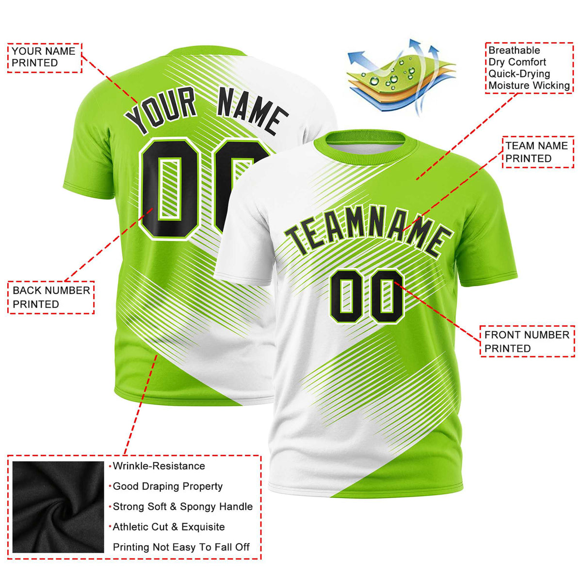 Custom White Neon Green 3D Pattern Design Gradient Slope Shapes Performance T-Shirt