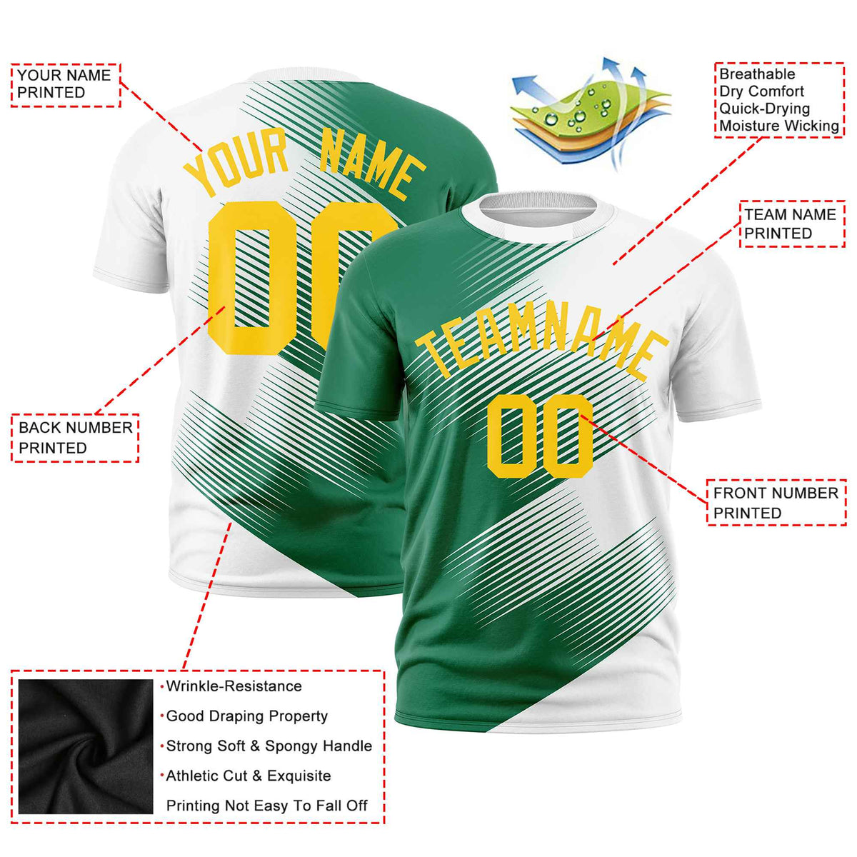 Custom White Kelly Green 3D Pattern Design Gradient Slope Shapes Performance T-Shirt