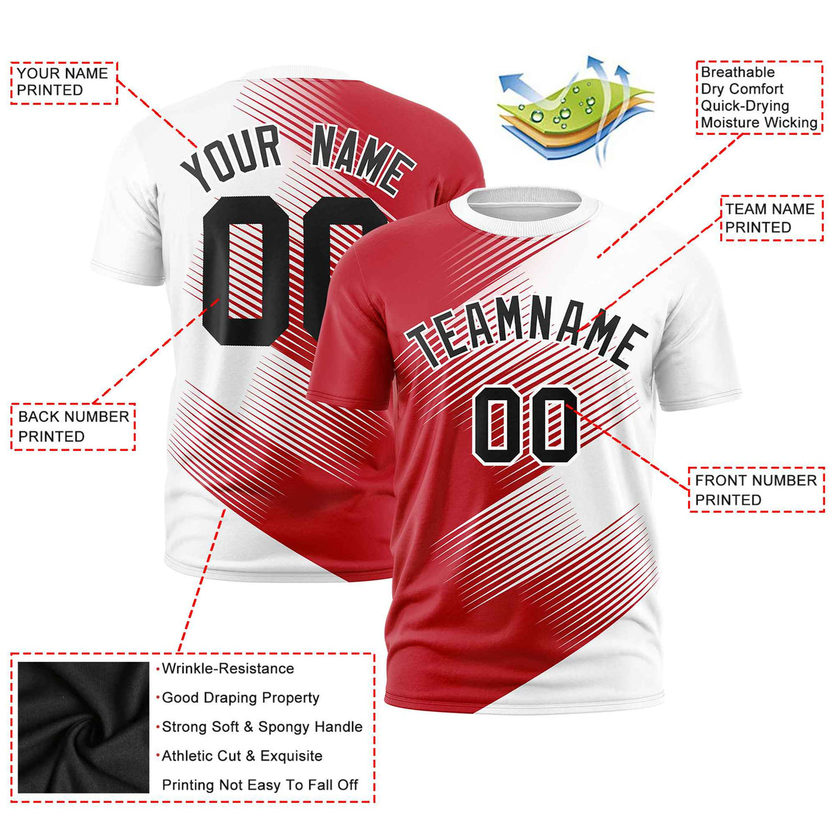Custom White Red 3D Pattern Design Gradient Slope Shapes Performance T-Shirt