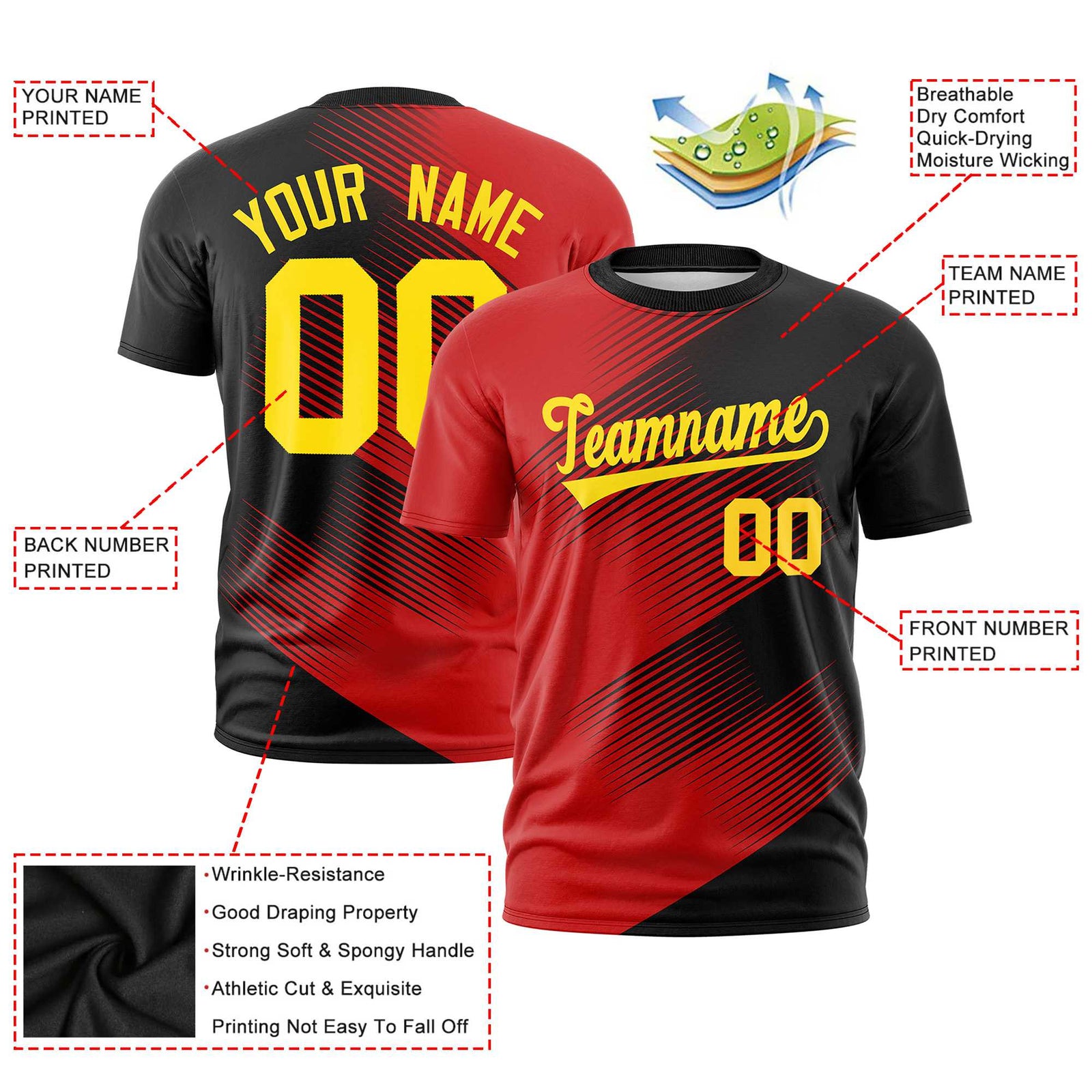 Custom Black Red 3D Pattern Design Gradient Slope Shapes Performance T-Shirt
