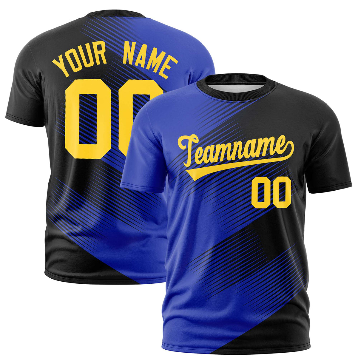 Custom Black Royal Blue 3D Pattern Design Gradient Slope Shapes Performance T-Shirt