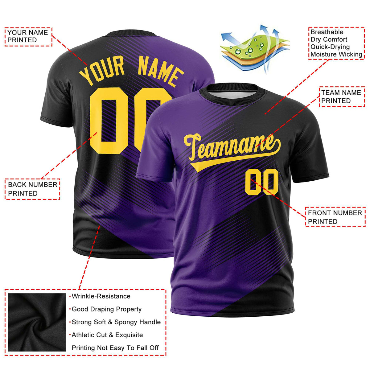 Custom Black Purple 3D Pattern Design Gradient Slope Shapes Performance T-Shirt