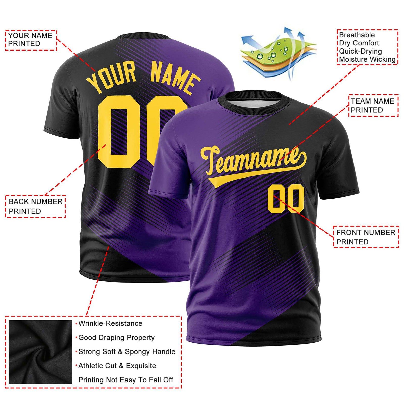 Custom Black Purple 3D Pattern Design Gradient Slope Shapes Performance T-Shirt