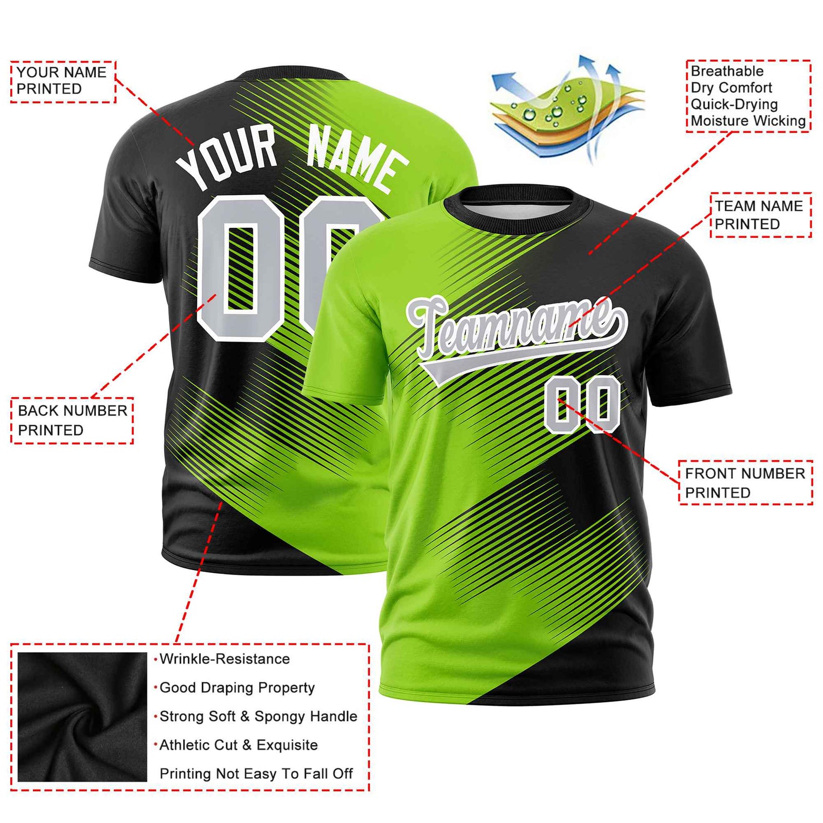 Custom Black Neon Green 3D Pattern Design Gradient Slope Shapes Performance T-Shirt