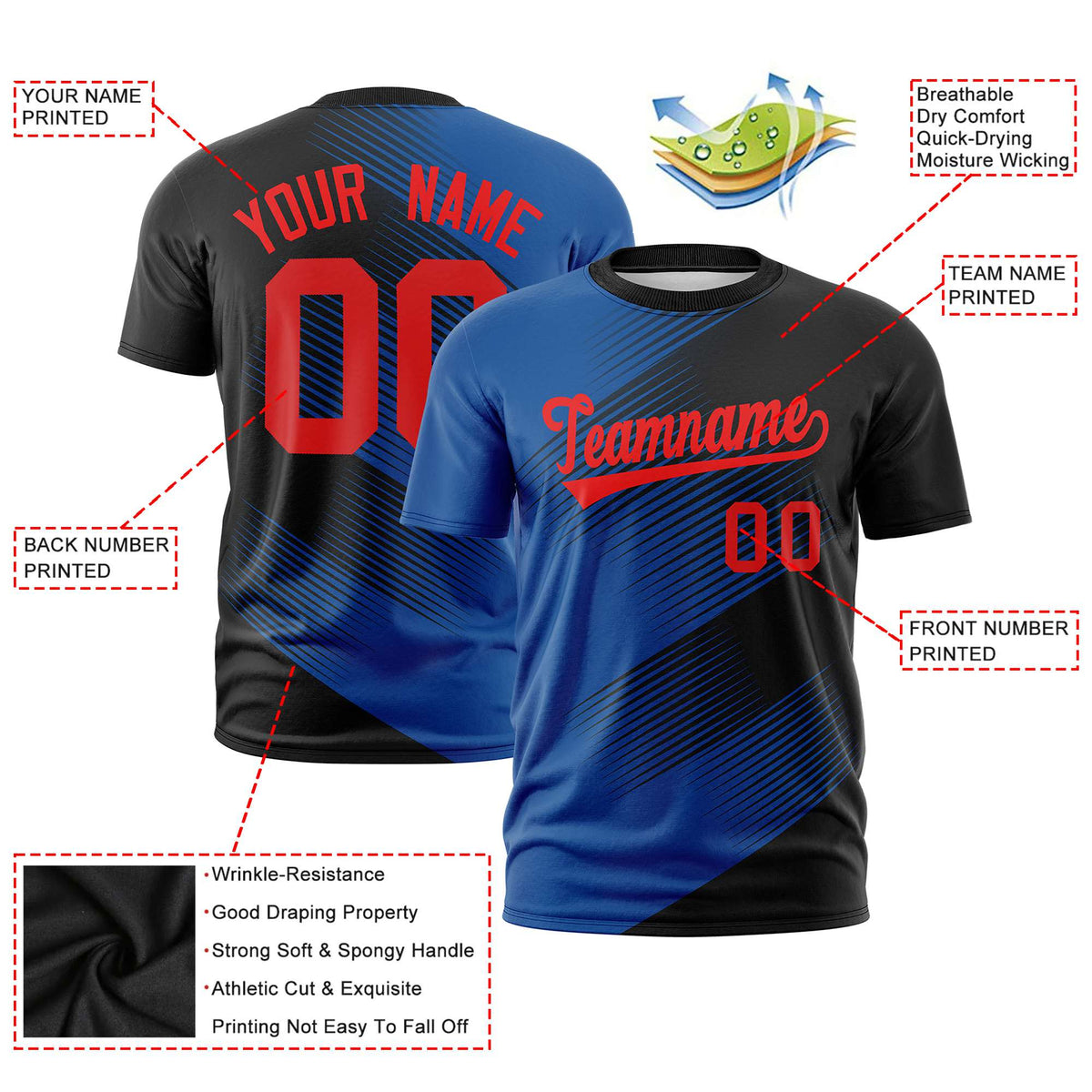 Custom Black Royal Blue 3D Pattern Design Gradient Slope Shapes Performance T-Shirt