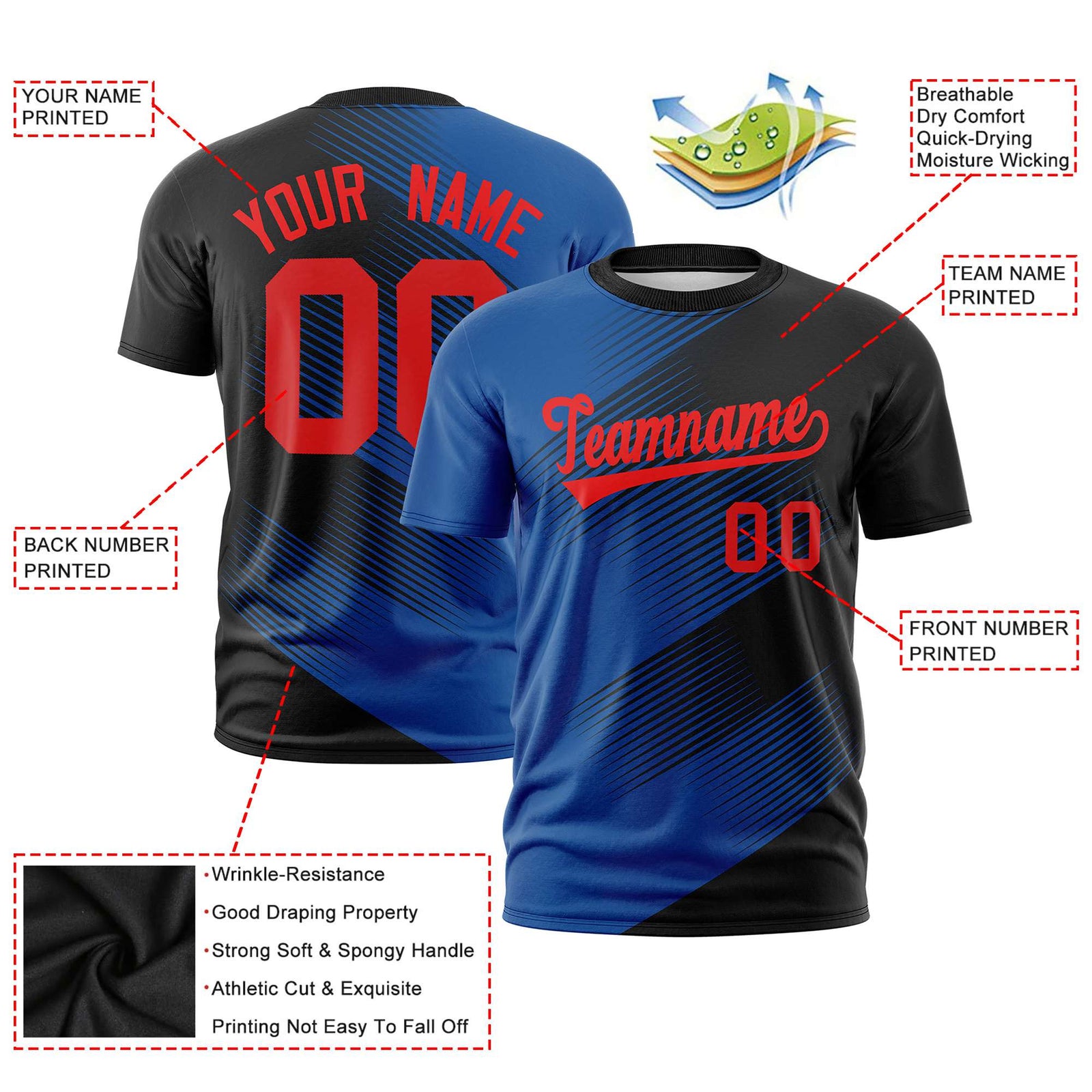 Custom Black Royal Blue 3D Pattern Design Gradient Slope Shapes Performance T-Shirt