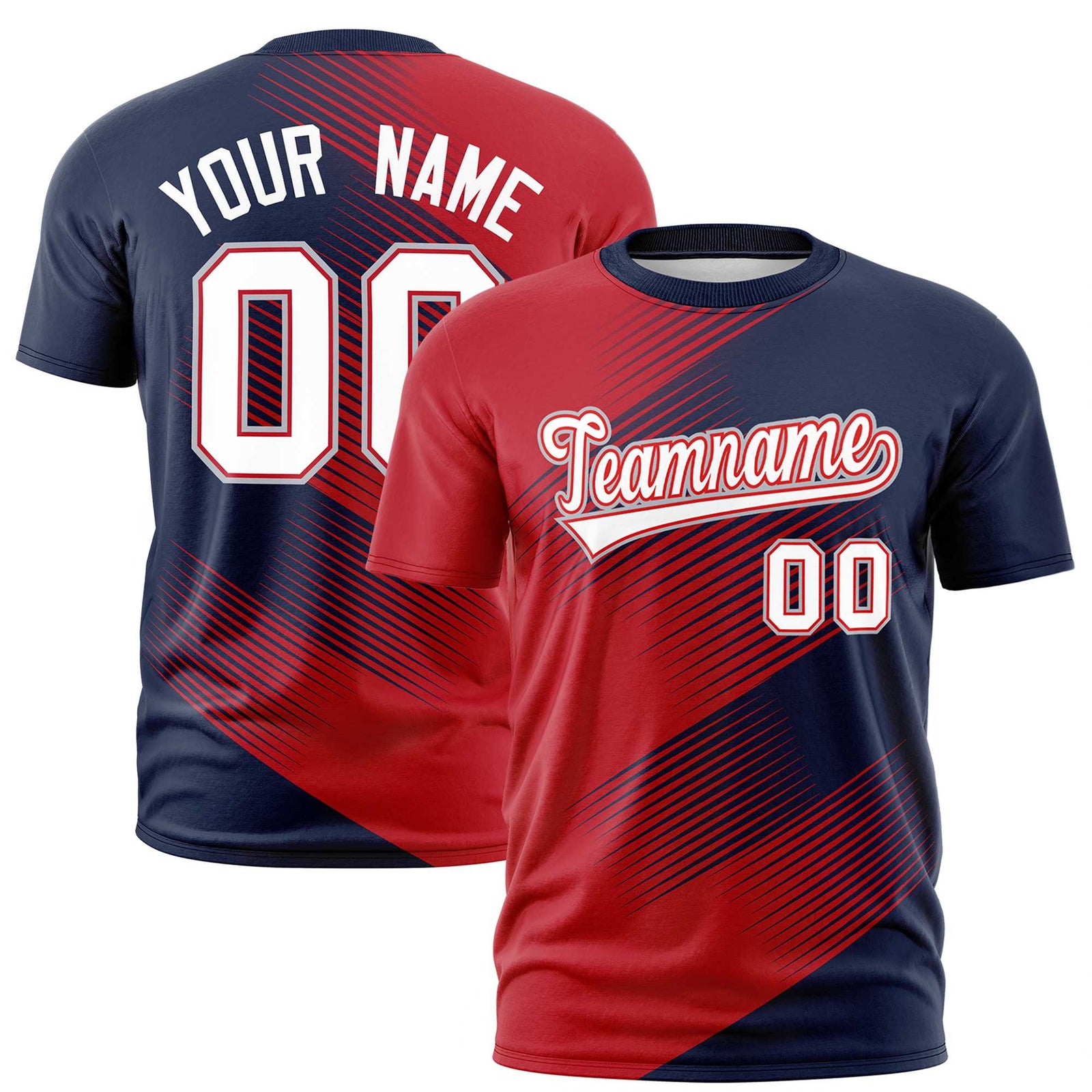 Custom Navy Red 3D Pattern Design Gradient Slope Shapes Performance T-Shirt