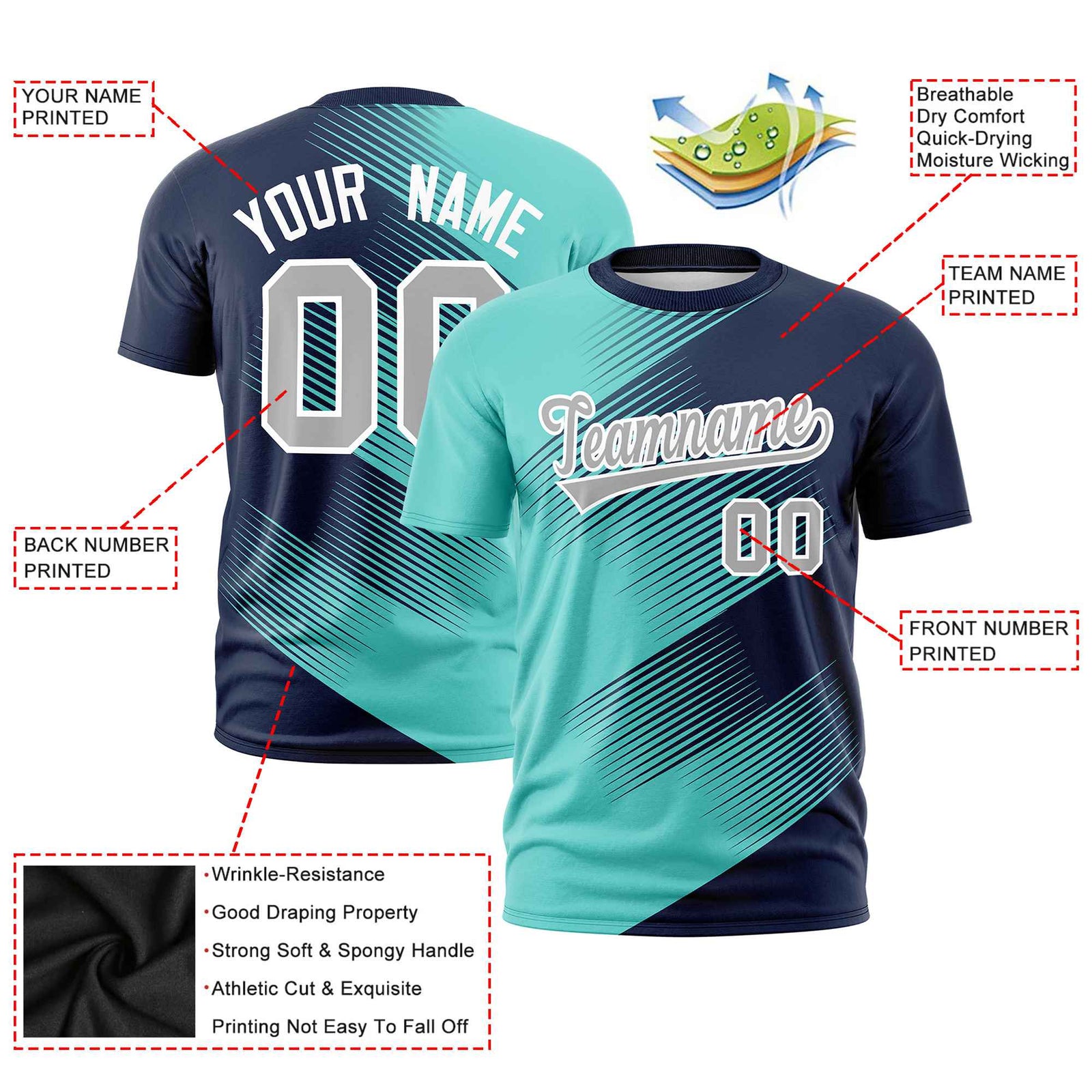 Custom Navy Bright Green 3D Pattern Design Gradient Slope Shapes Performance T-Shirt