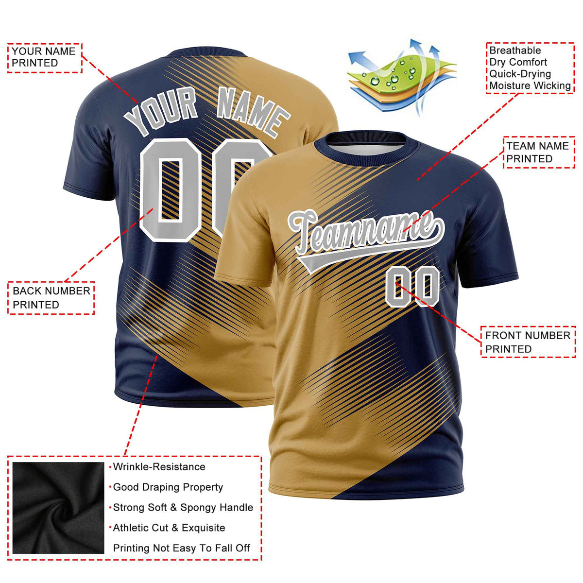 Custom Navy Old Gold 3D Pattern Design Gradient Slope Shapes Performance T-Shirt
