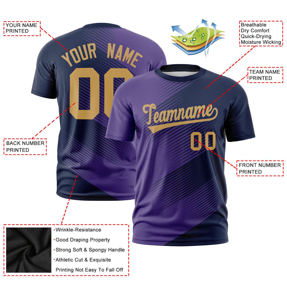 Custom Navy Purple 3D Pattern Design Gradient Slope Shapes Performance T-Shirt