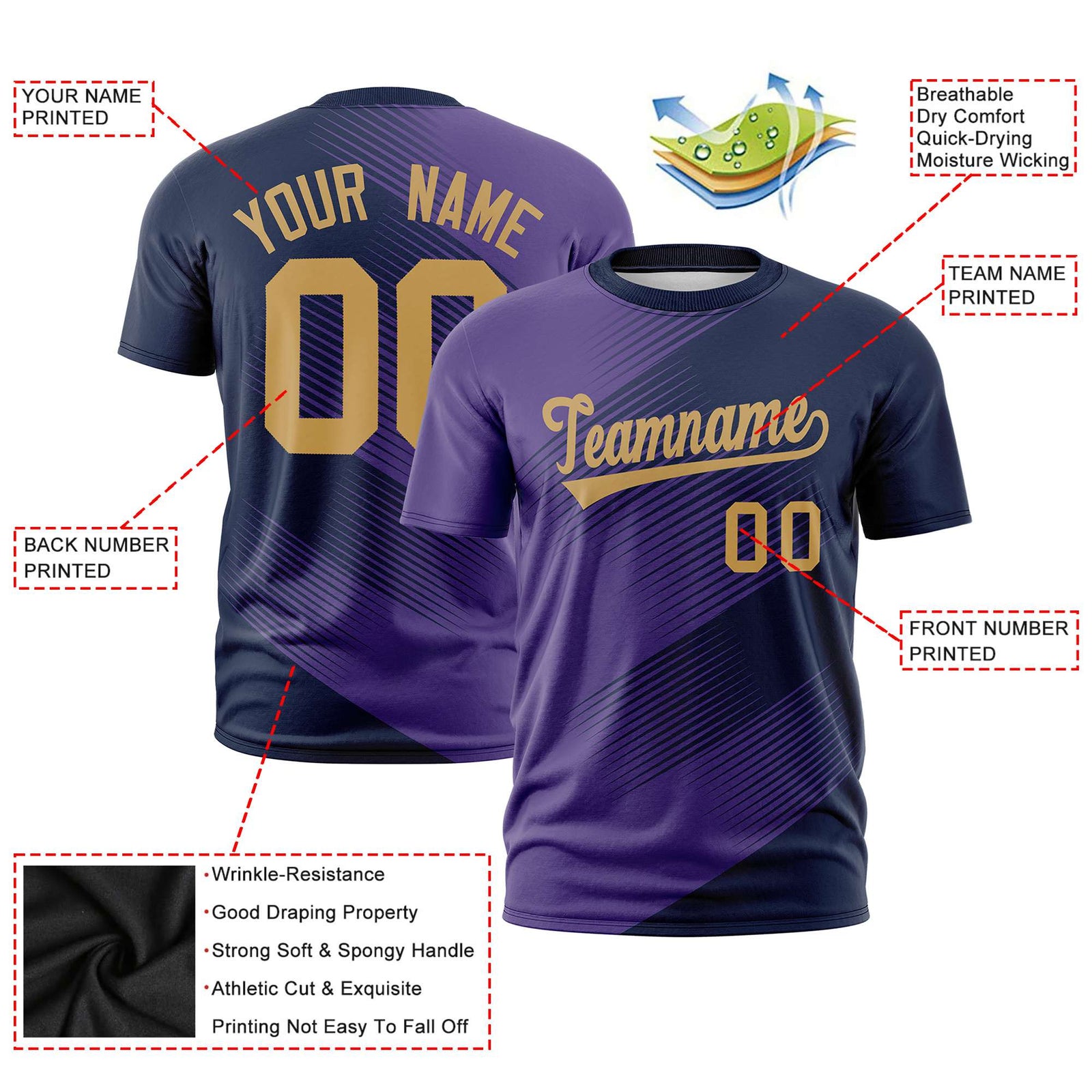Custom Navy Purple 3D Pattern Design Gradient Slope Shapes Performance T-Shirt