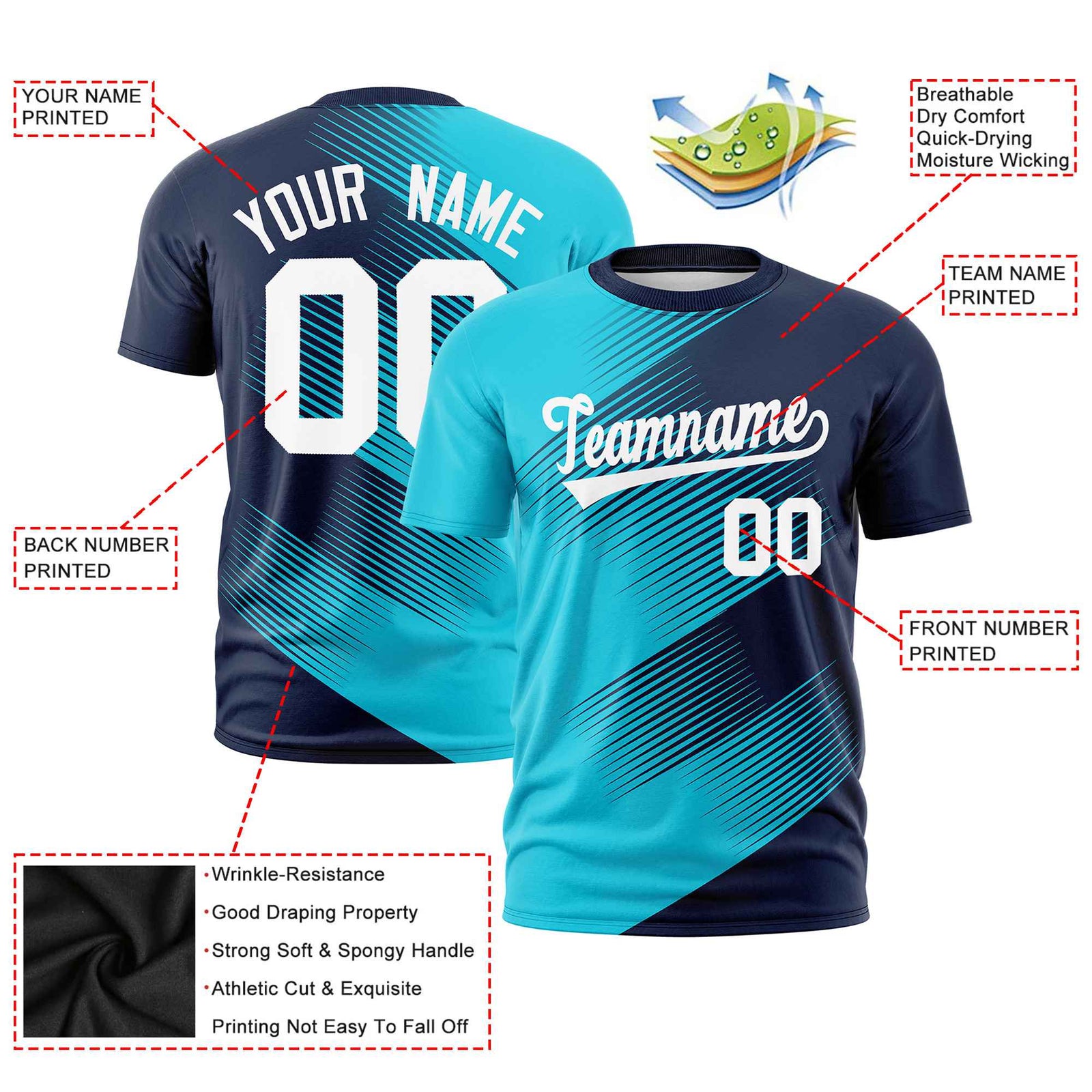 Custom Sky Blue Navy 3D Pattern Design Gradient Slope Shapes Performance T-Shirt