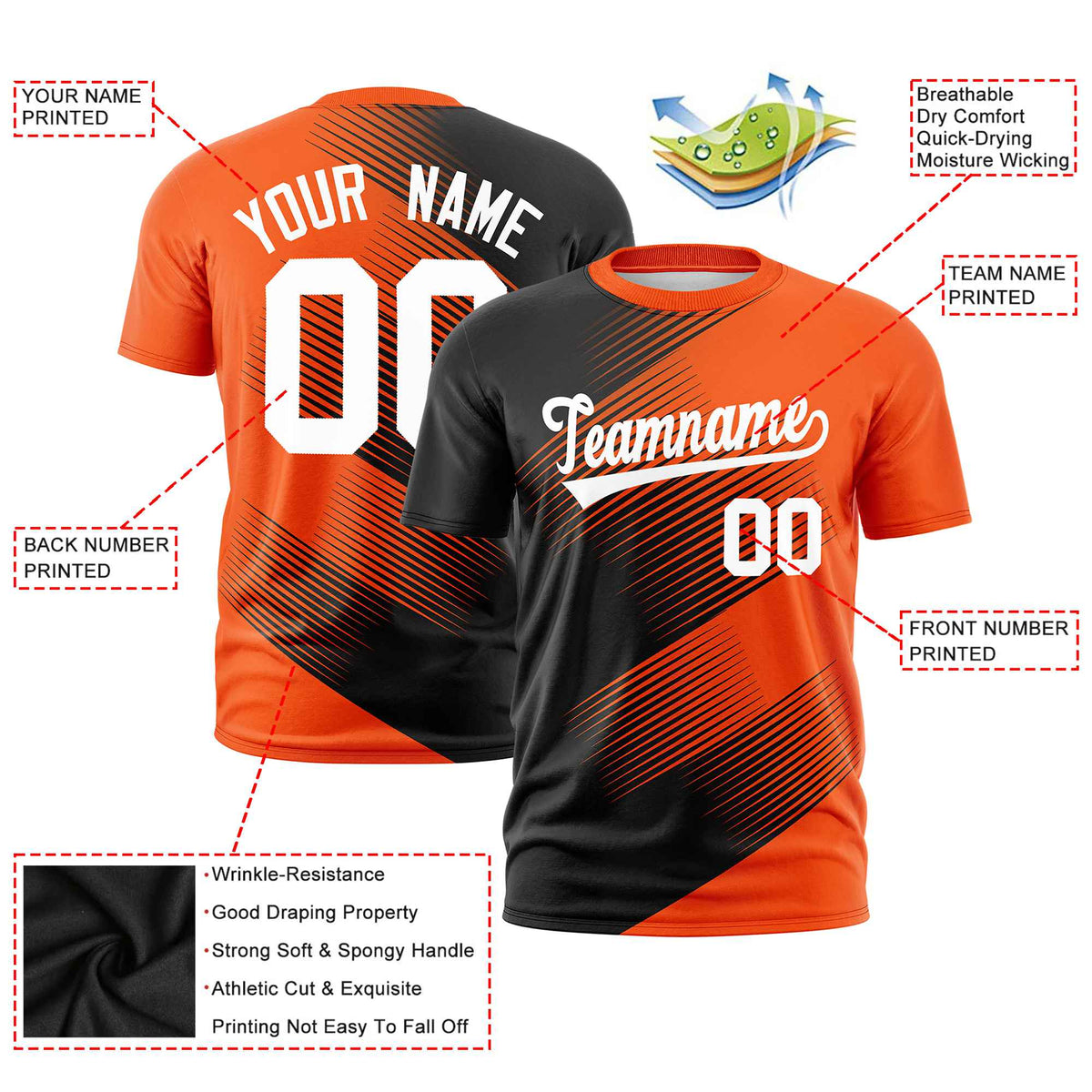 Custom Black Orange 3D Pattern Design Gradient Slope Shapes Performance T-Shirt