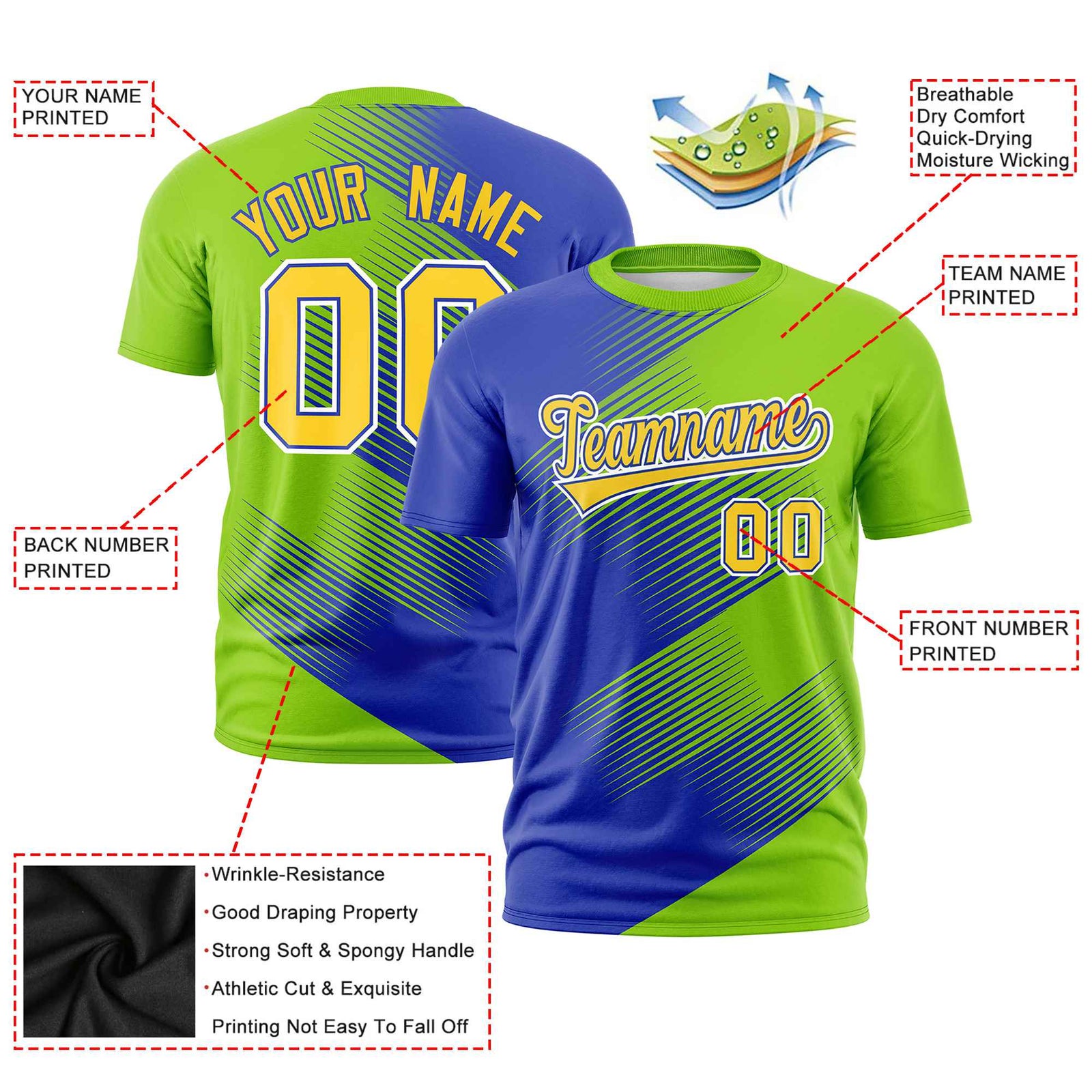 Custom Royal Blue Neon Green 3D Pattern Design Gradient Slope Shapes Performance T-Shirt