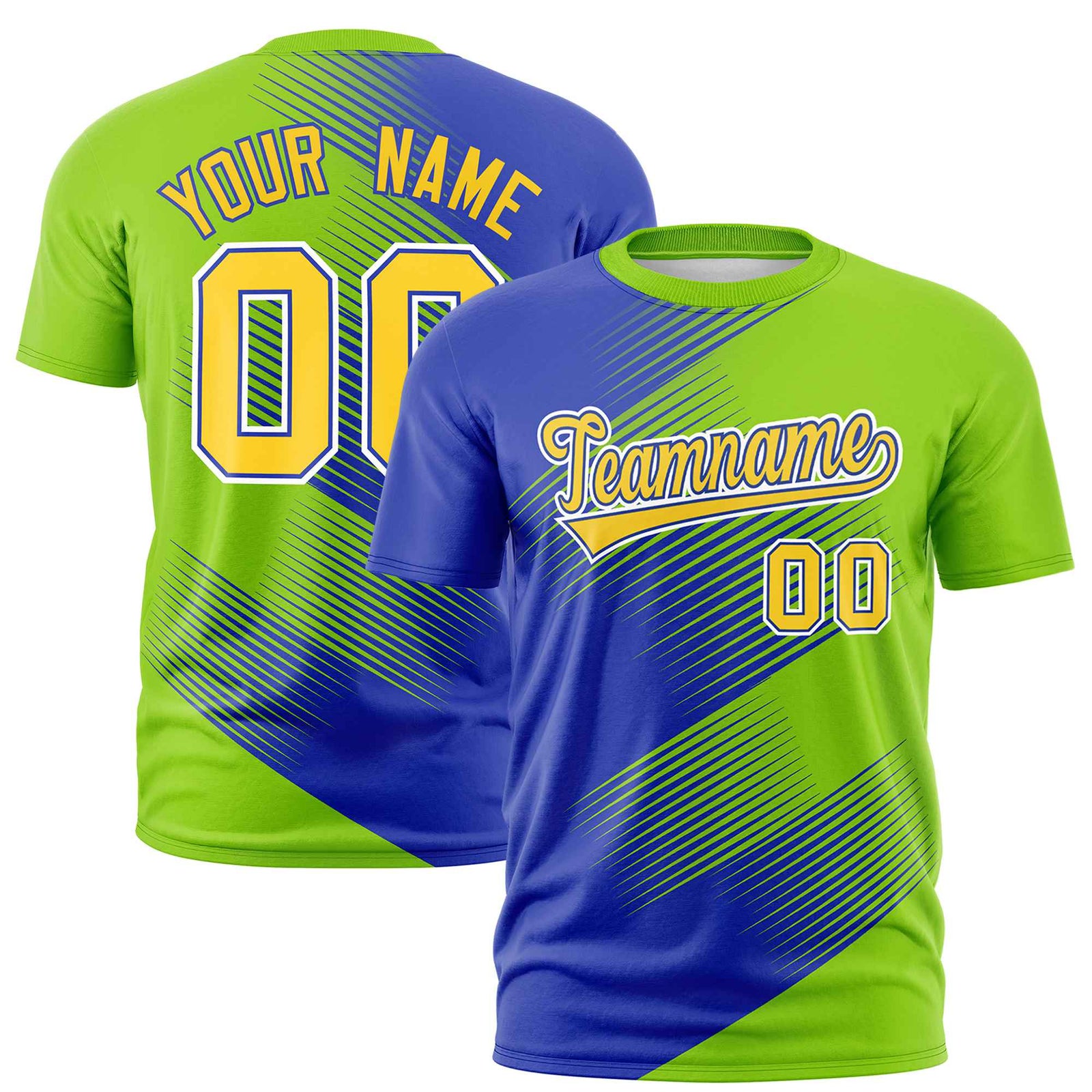 Custom Royal Blue Neon Green 3D Pattern Design Gradient Slope Shapes Performance T-Shirt