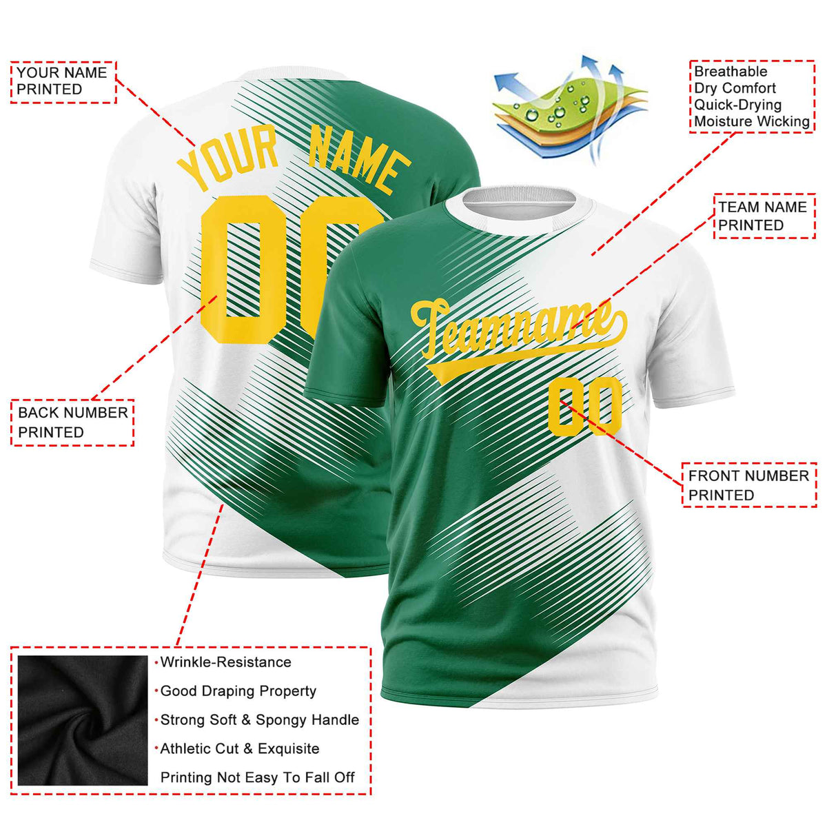 Custom White Kelly Green 3D Pattern Design Gradient Slope Shapes Performance T-Shirt