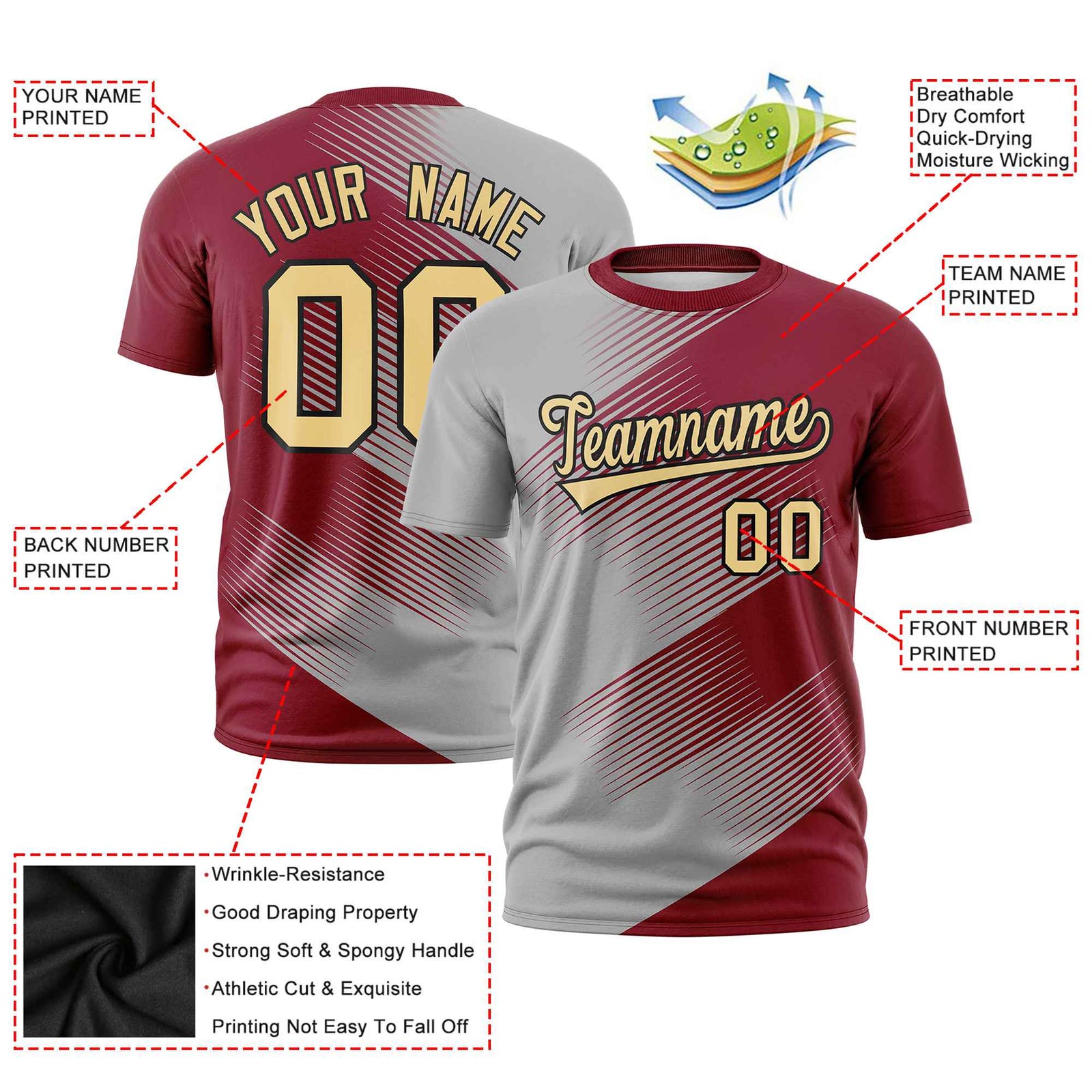 Custom Gray Crimson 3D Pattern Design Gradient Slope Shapes Performance T-Shirt