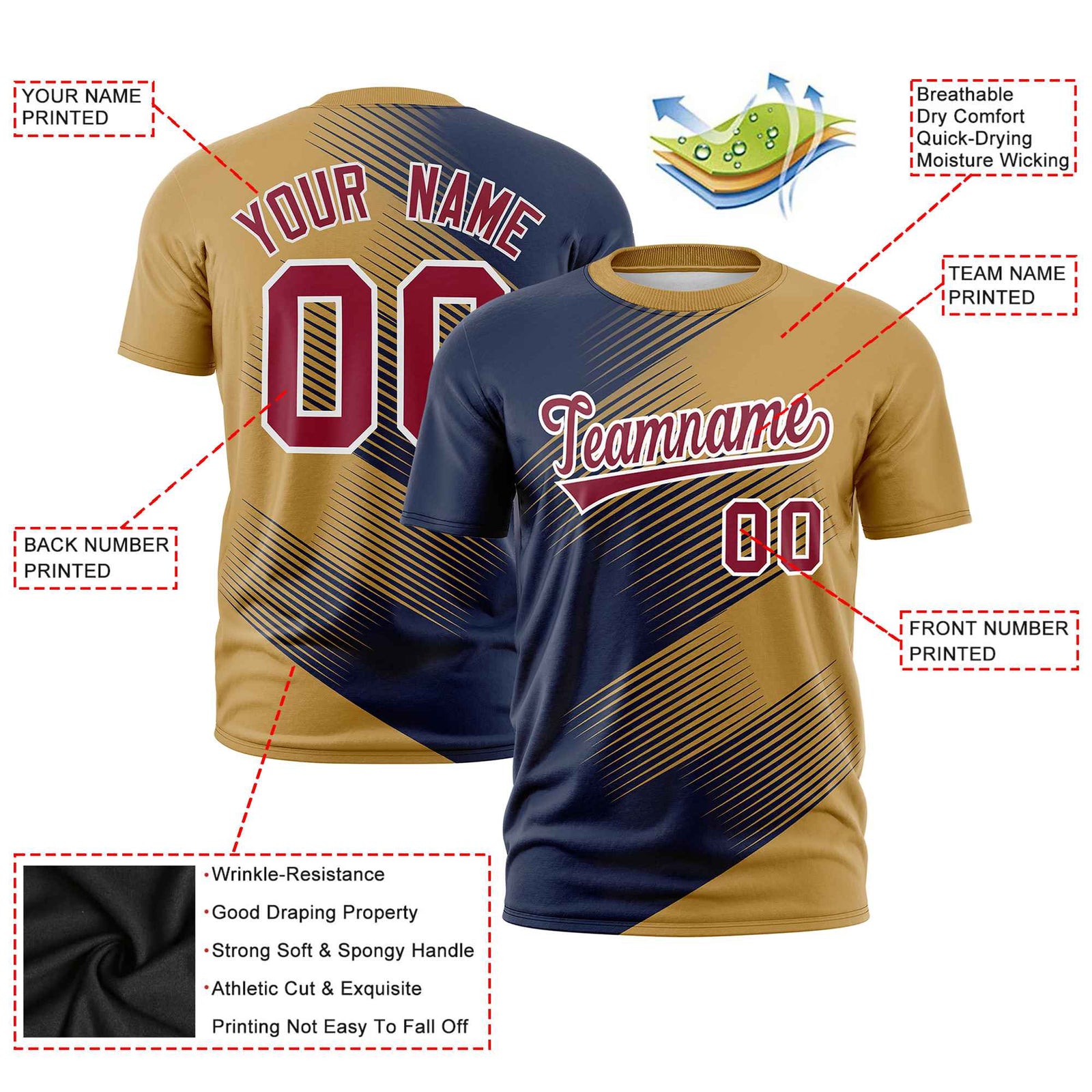 Custom Navy Old Gold 3D Pattern Design Gradient Slope Shapes Performance T-Shirt