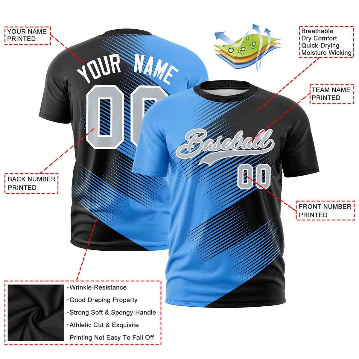 Custom Black Powder Blue 3D Pattern Design Gradient Slope Shapes Performance T-Shirt