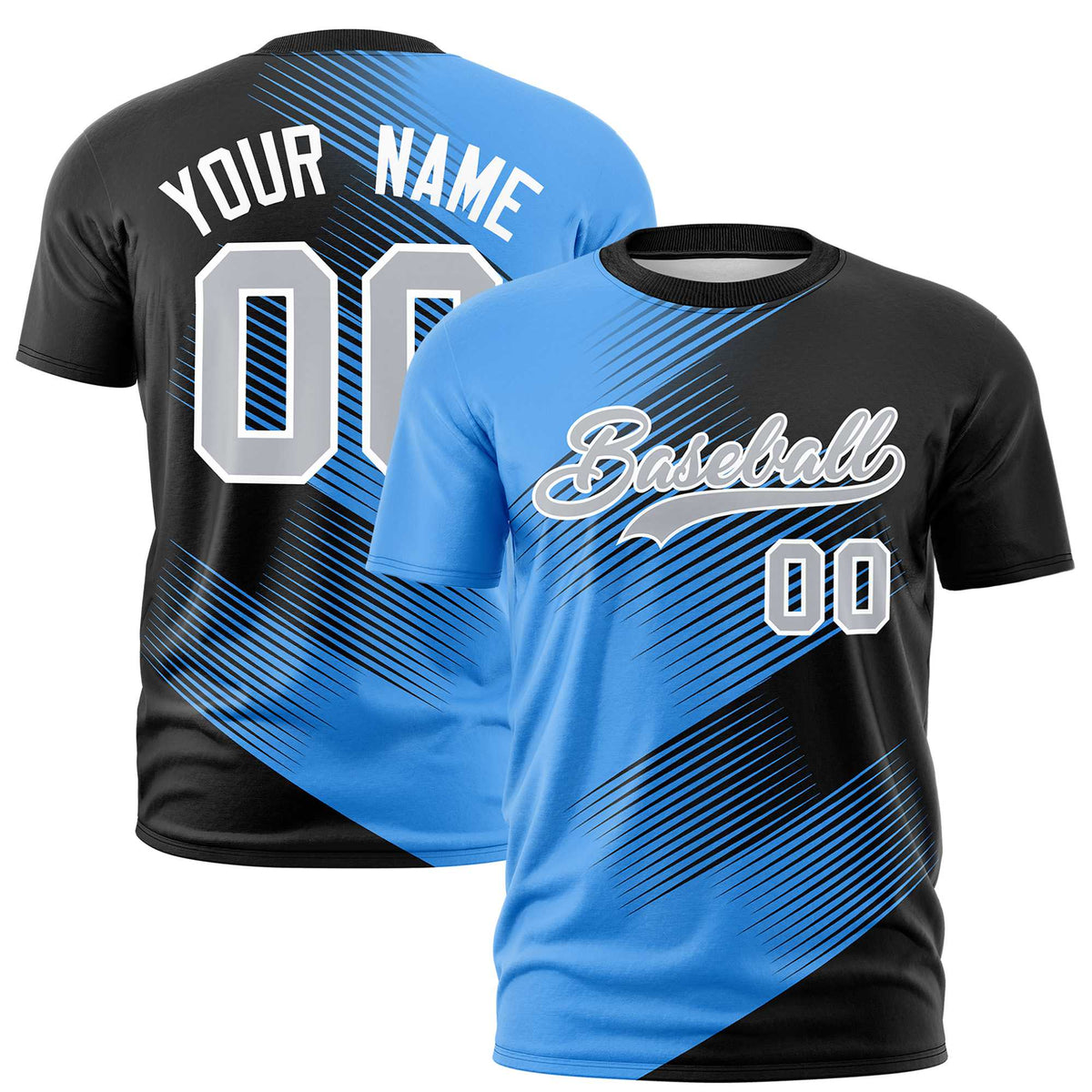 Custom Black Powder Blue 3D Pattern Design Gradient Slope Shapes Performance T-Shirt