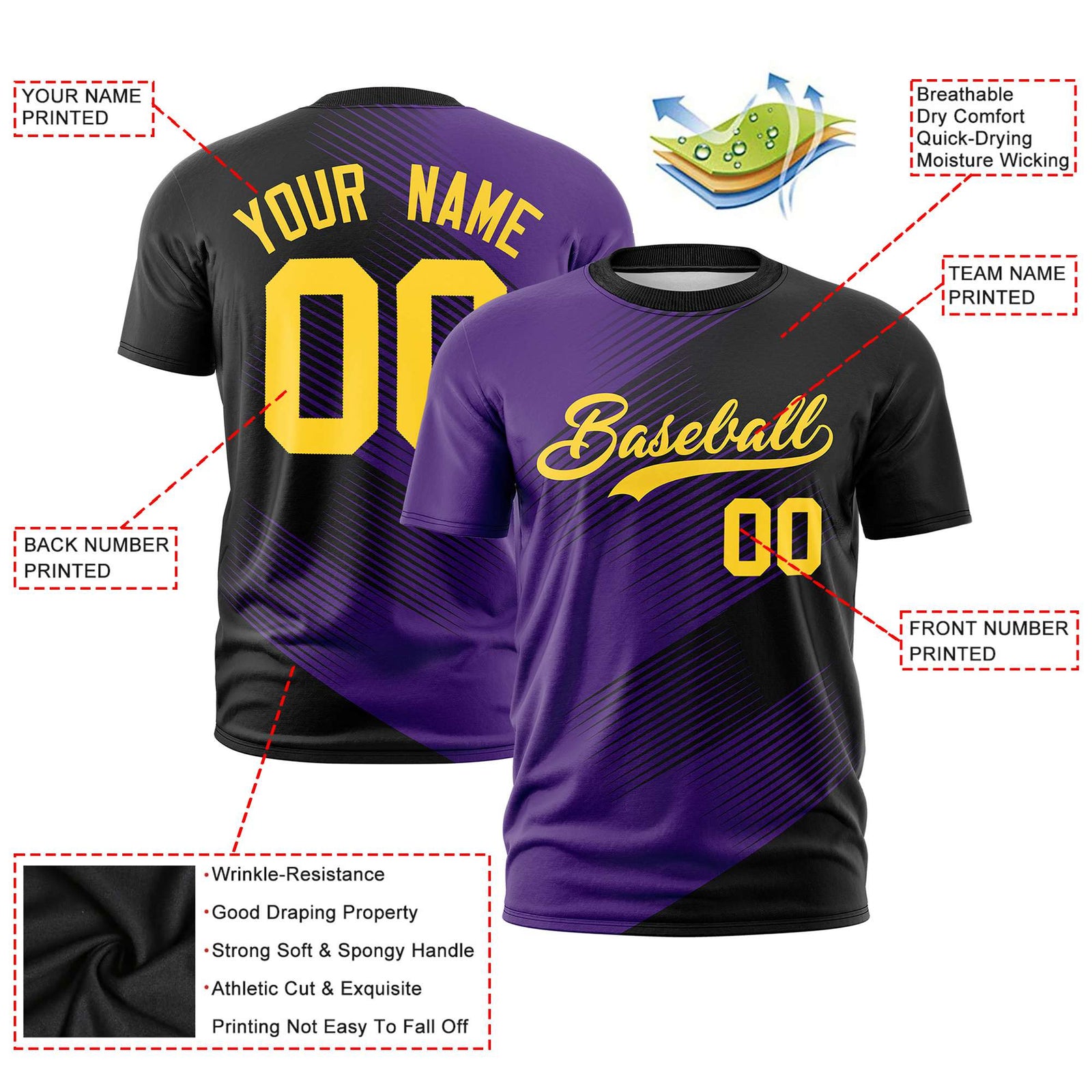 Custom Black Purple 3D Pattern Design Gradient Slope Shapes Performance T-Shirt