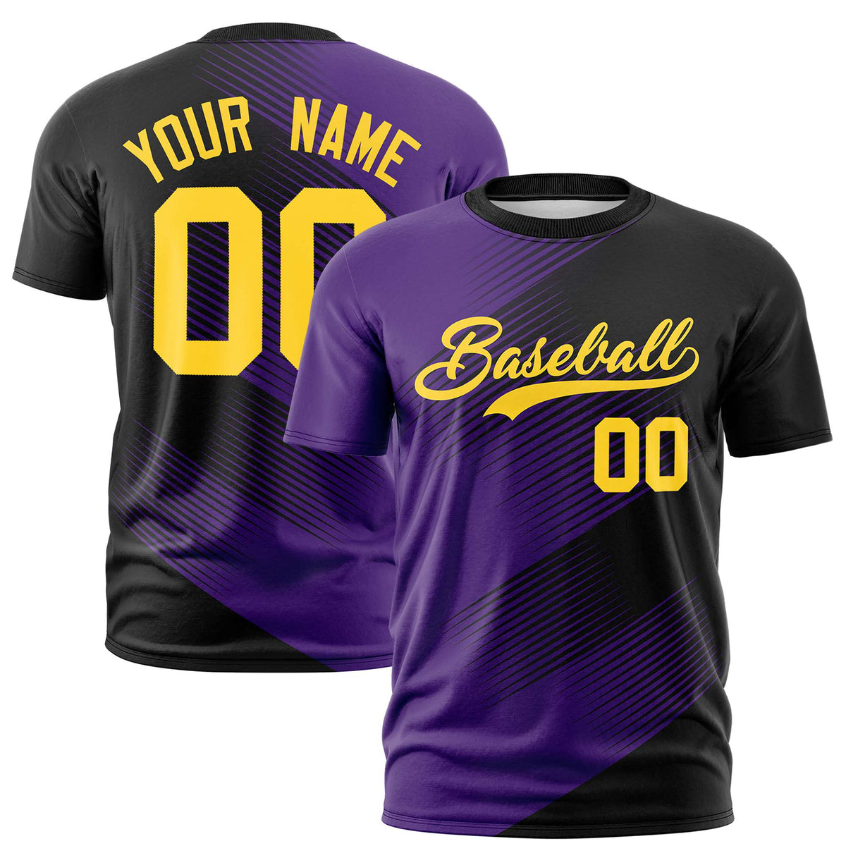 Custom Black Purple 3D Pattern Design Gradient Slope Shapes Performance T-Shirt