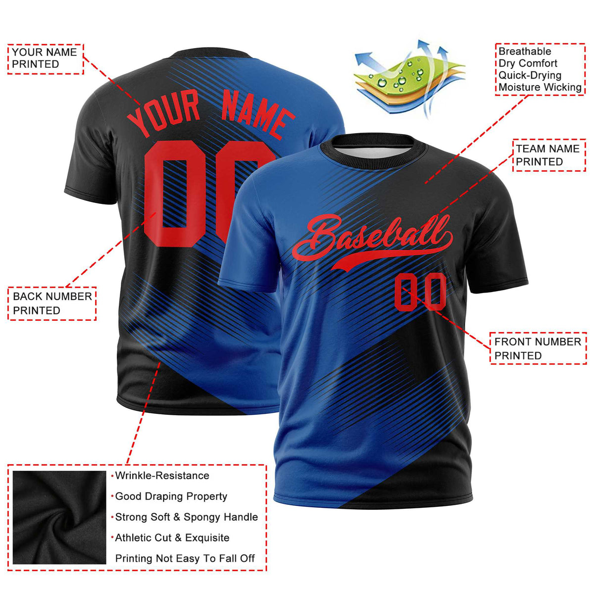 Custom Black Royal Blue 3D Pattern Design Gradient Slope Shapes Performance T-Shirt