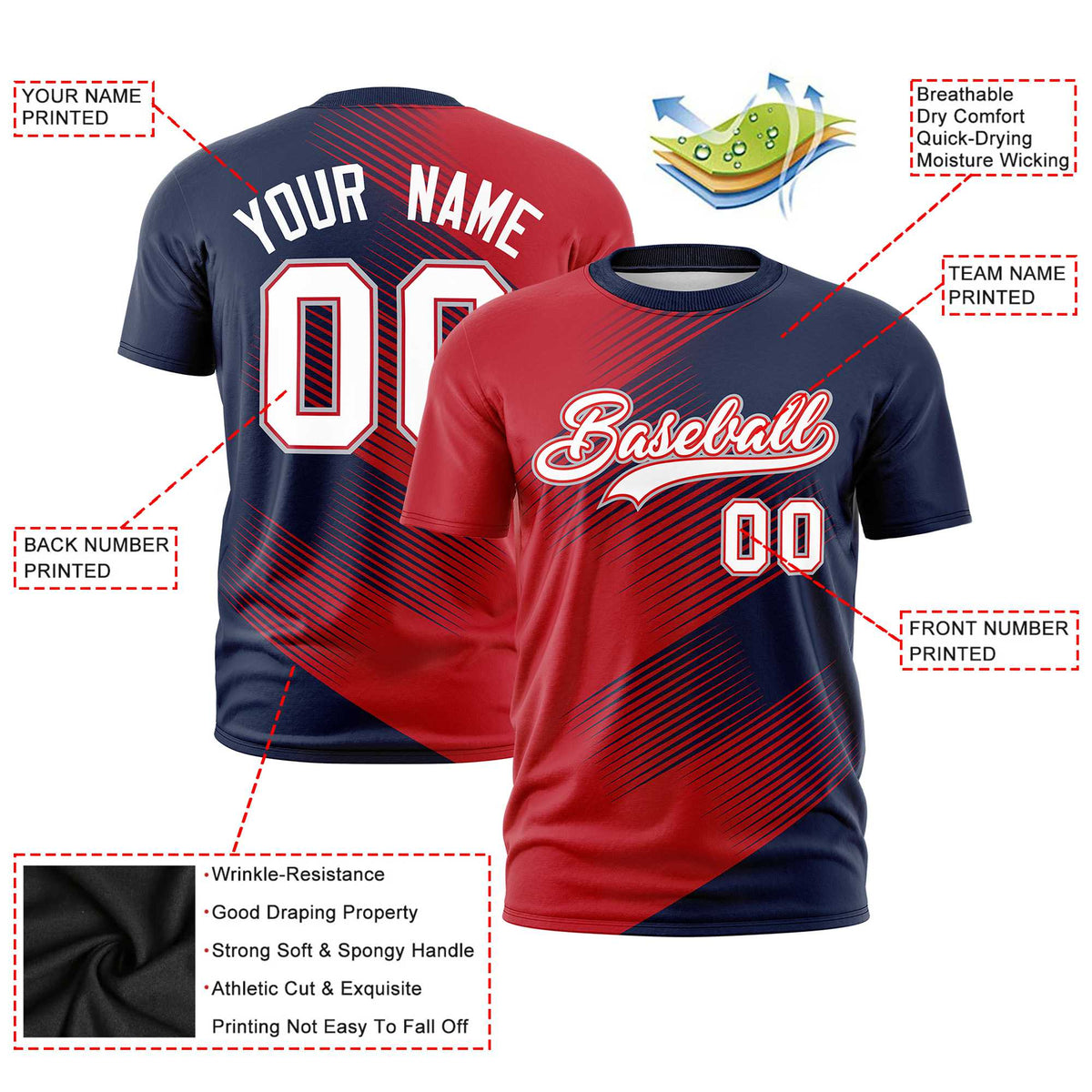Custom Navy Red 3D Pattern Design Gradient Slope Shapes Performance T-Shirt