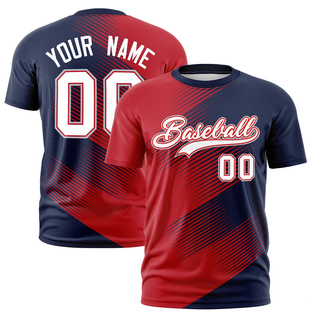 Custom Navy Red 3D Pattern Design Gradient Slope Shapes Performance T-Shirt