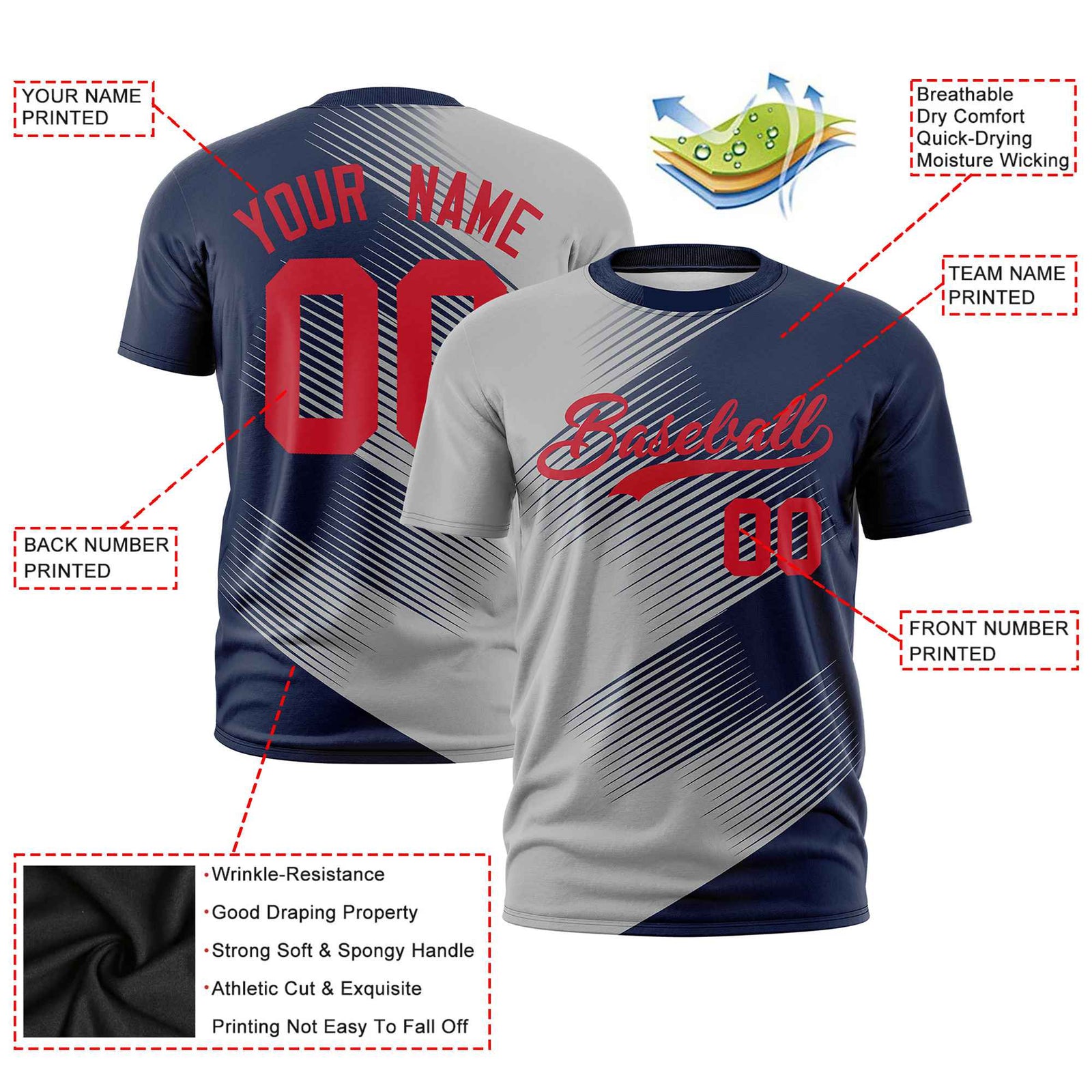 Custom Navy Gray 3D Pattern Design Gradient Slope Shapes Performance T-Shirt