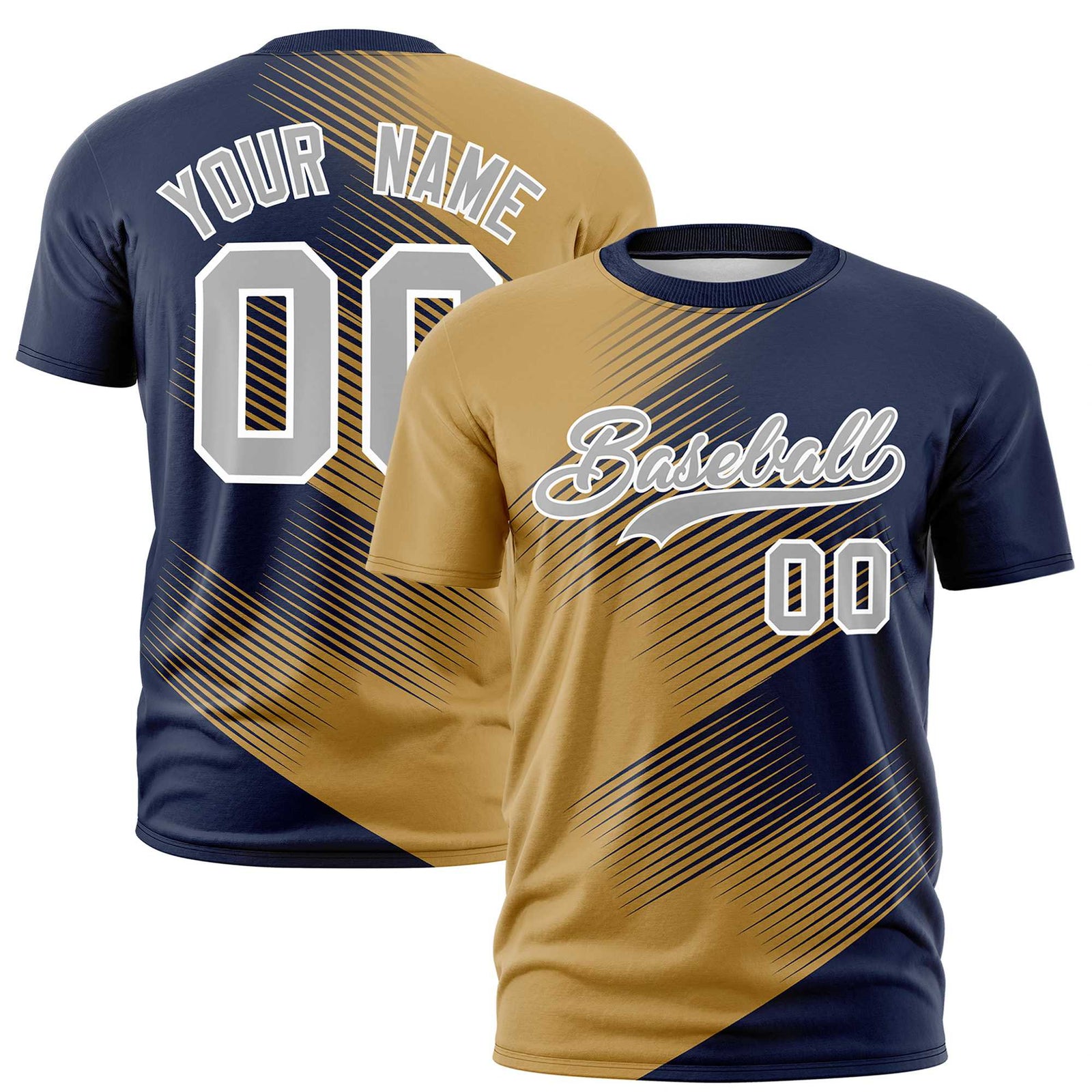 Custom Navy Old Gold 3D Pattern Design Gradient Slope Shapes Performance T-Shirt