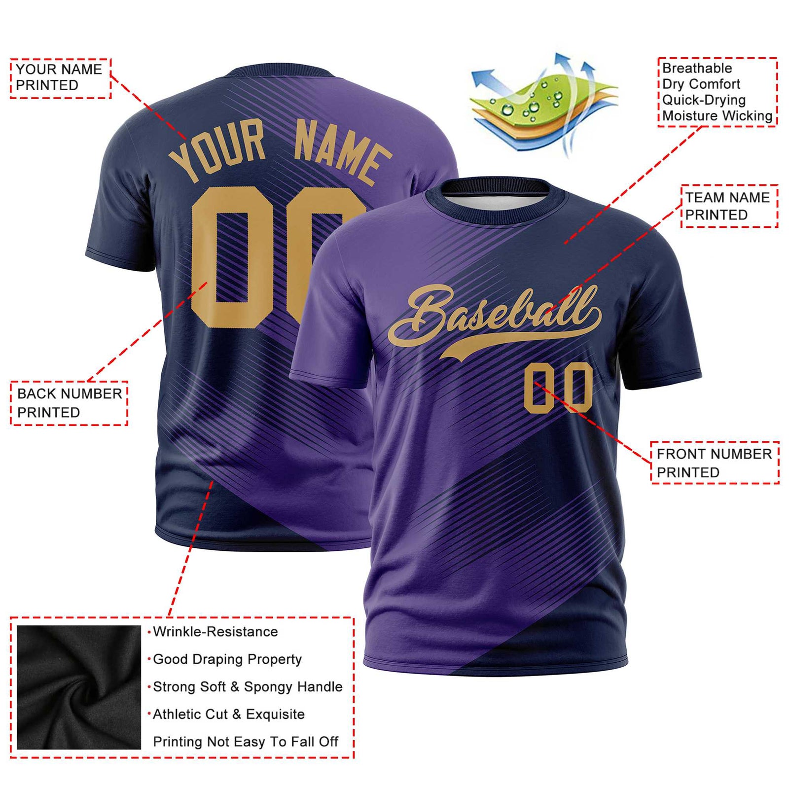 Custom Navy Purple 3D Pattern Design Gradient Slope Shapes Performance T-Shirt