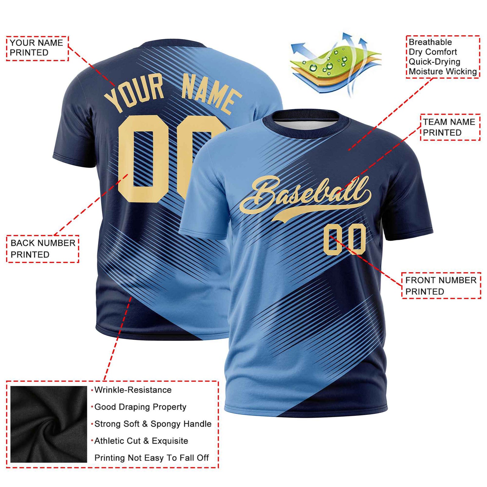 Custom Navy Powder Blue 3D Pattern Design Gradient Slope Shapes Performance T-Shirt