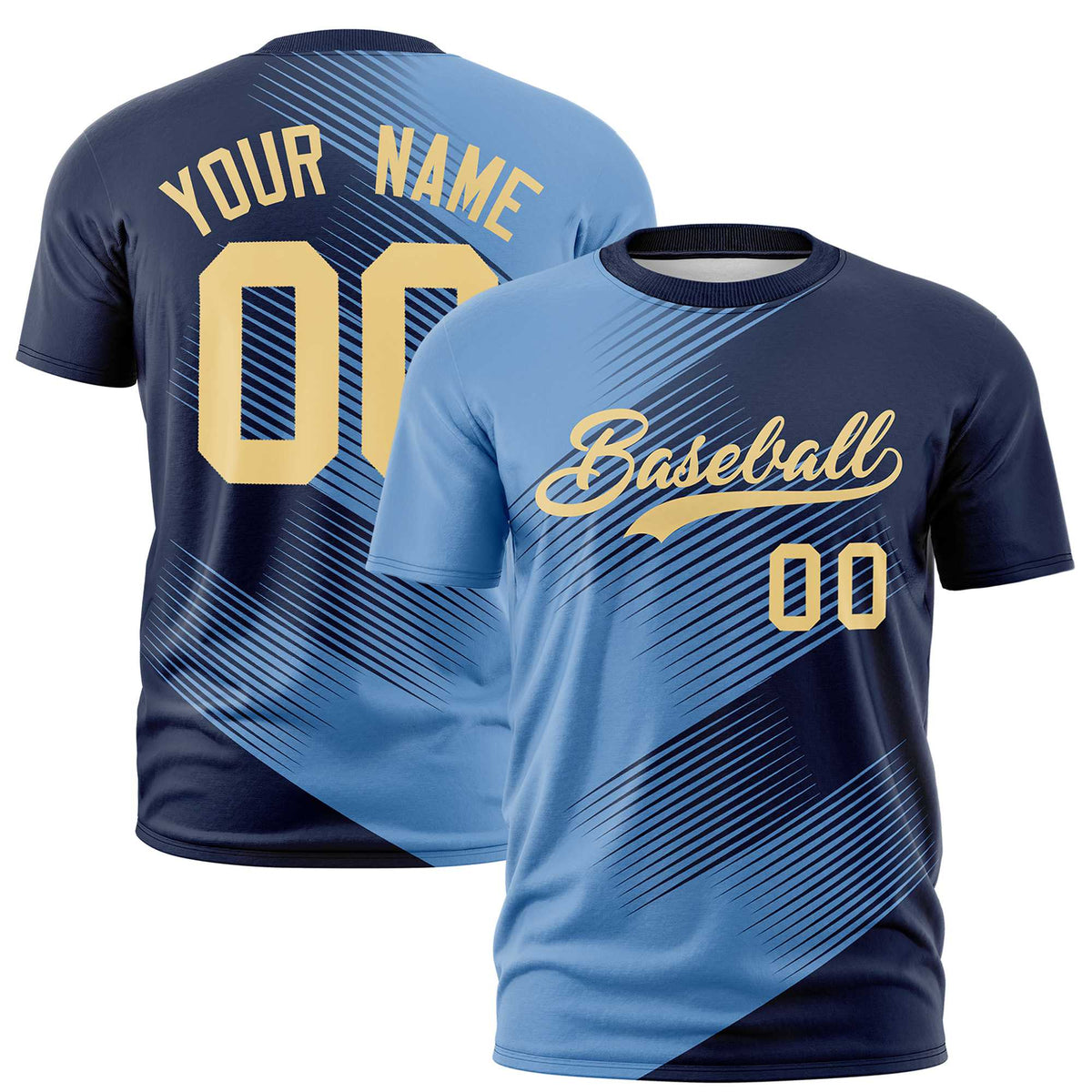 Custom Navy Powder Blue 3D Pattern Design Gradient Slope Shapes Performance T-Shirt