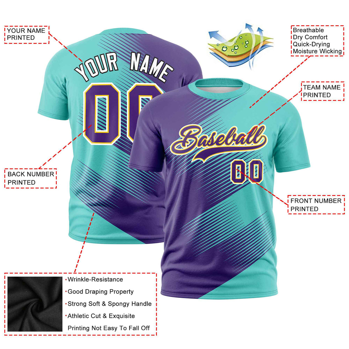 Custom Purple Bright Green 3D Pattern Design Gradient Slope Shapes Performance T-Shirt