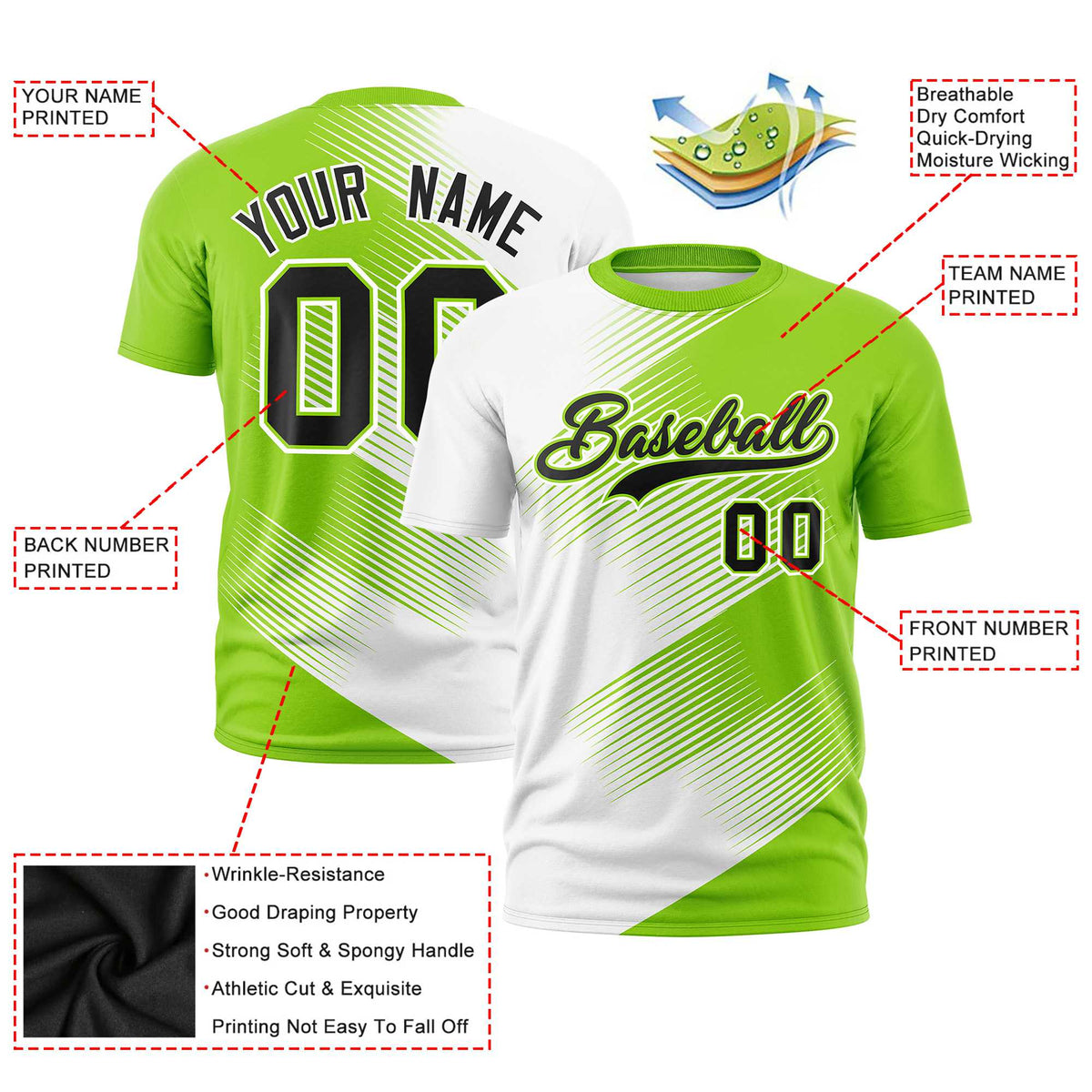 Custom White Neon Green 3D Pattern Design Gradient Slope Shapes Performance T-Shirt