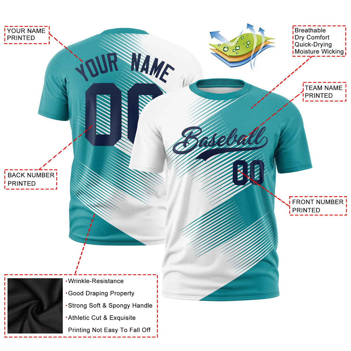 Custom White Aqua 3D Pattern Design Gradient Slope Shapes Performance T-Shirt