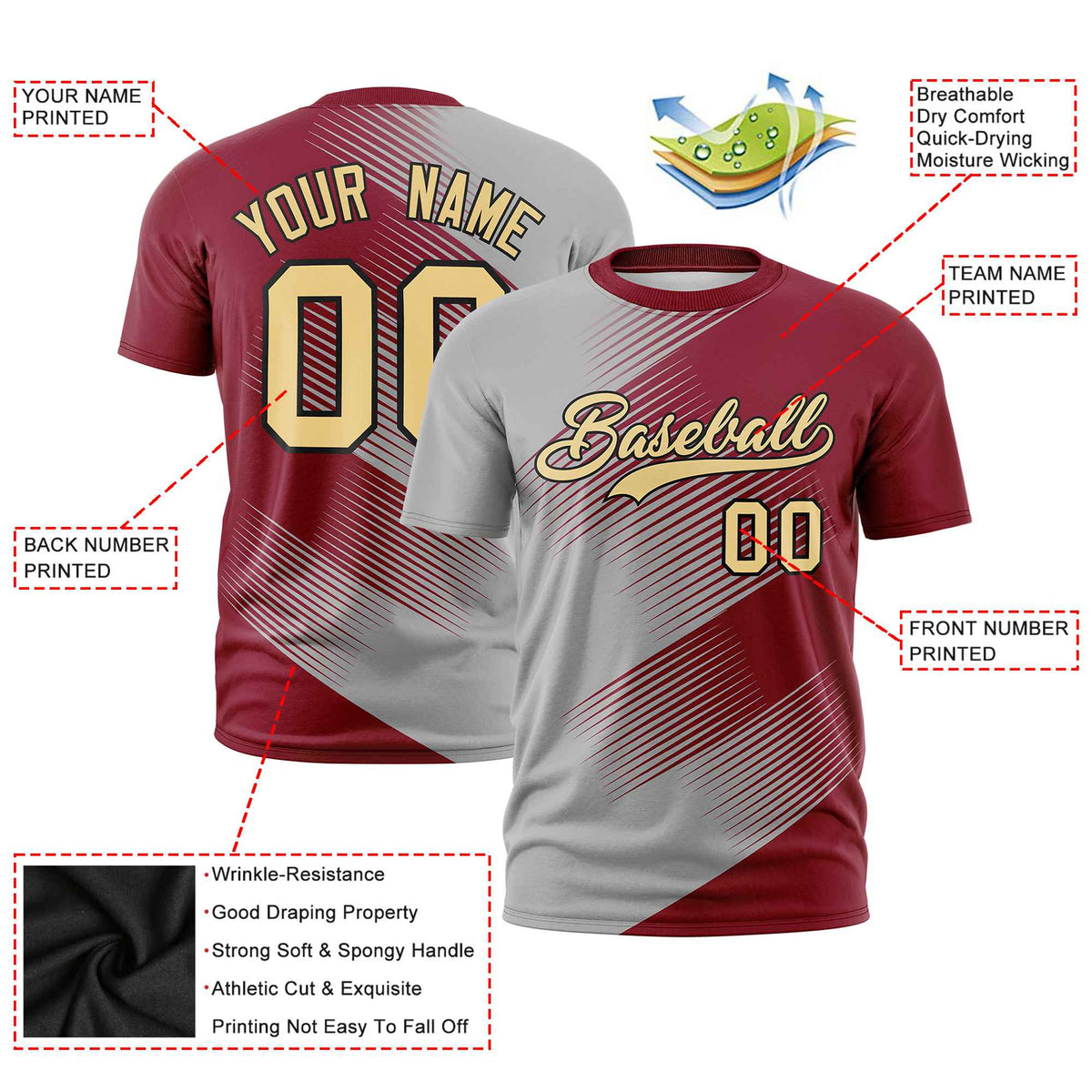 Custom Gray Crimson 3D Pattern Design Gradient Slope Shapes Performance T-Shirt