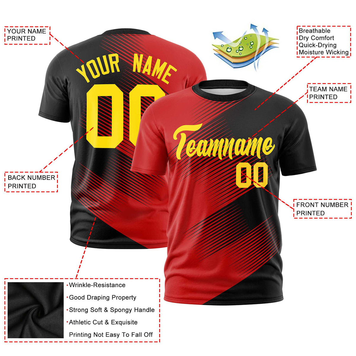 Custom Black Red 3D Pattern Design Gradient Slope Shapes Performance T-Shirt