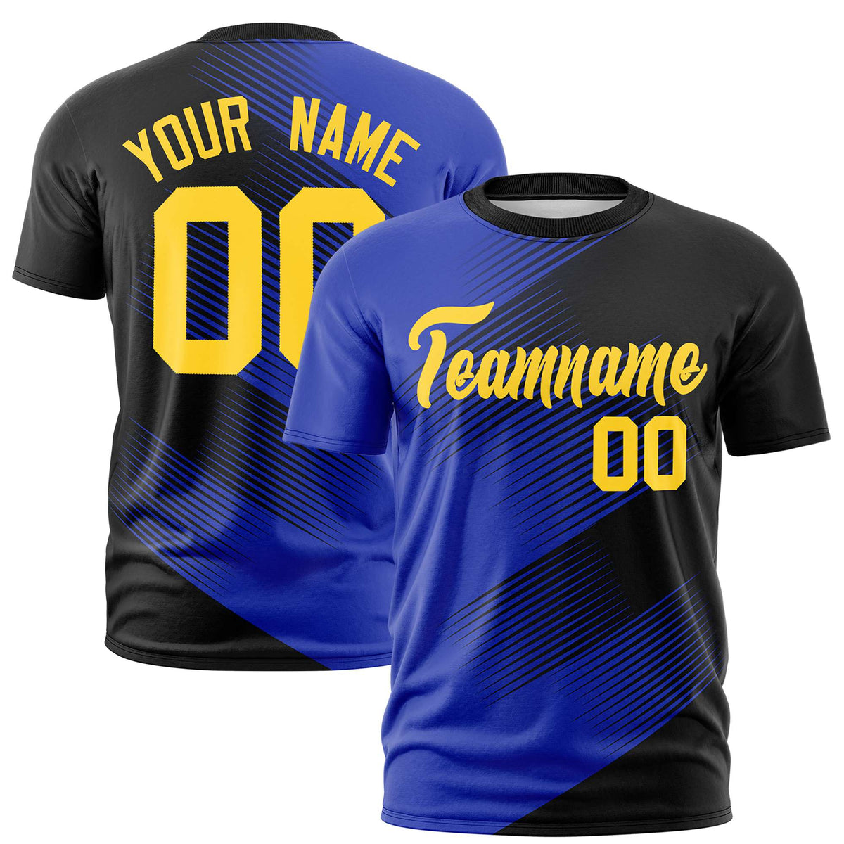 Custom Black Royal Blue 3D Pattern Design Gradient Slope Shapes Performance T-Shirt