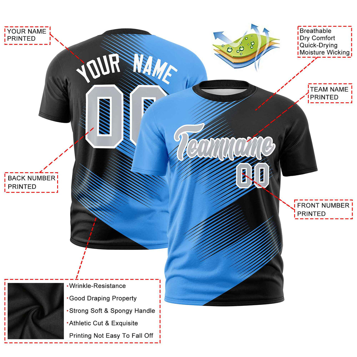 Custom Black Powder Blue 3D Pattern Design Gradient Slope Shapes Performance T-Shirt